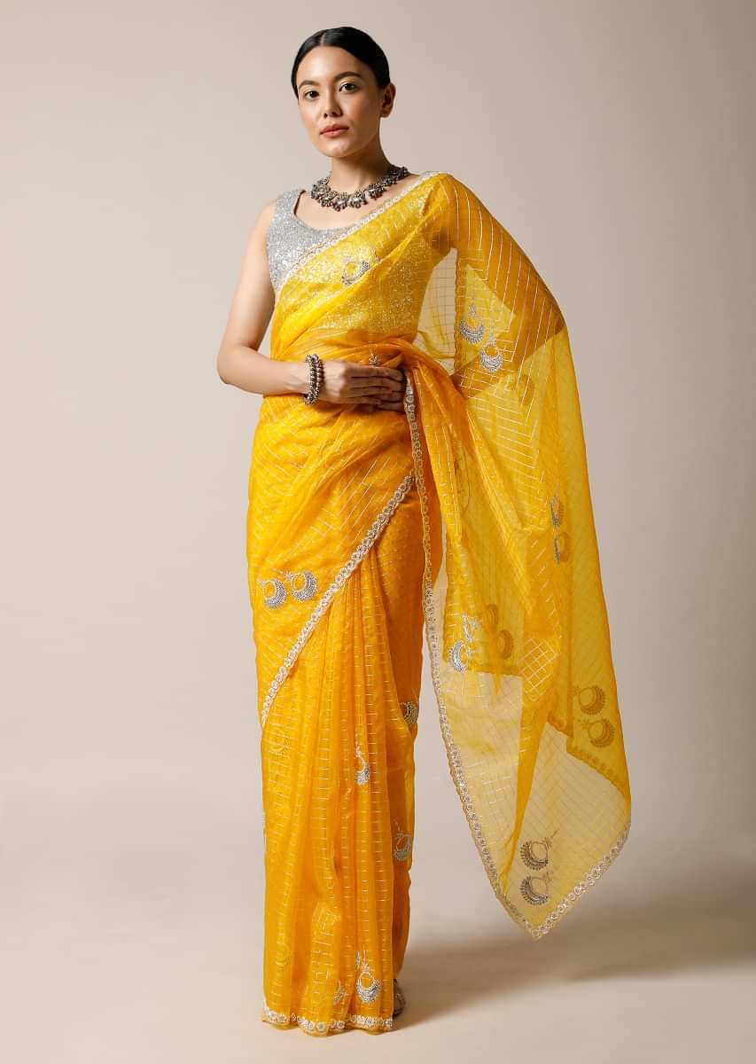 Amber Yellow Saree In Organza With Woven Checks And Stone Embellished Buttis Along With Unstitched Blouse
