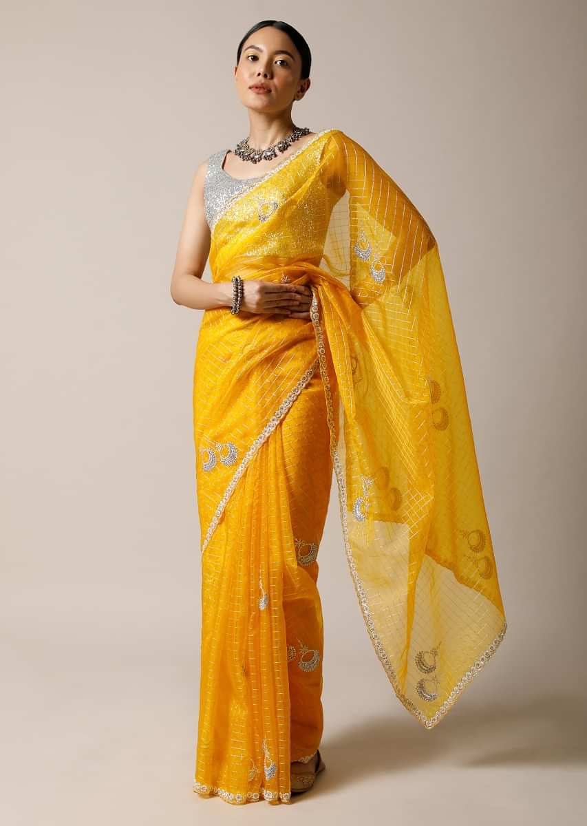 Amber Yellow Saree In Organza With Woven Checks And Stone Embellished Buttis Along With Unstitched Blouse