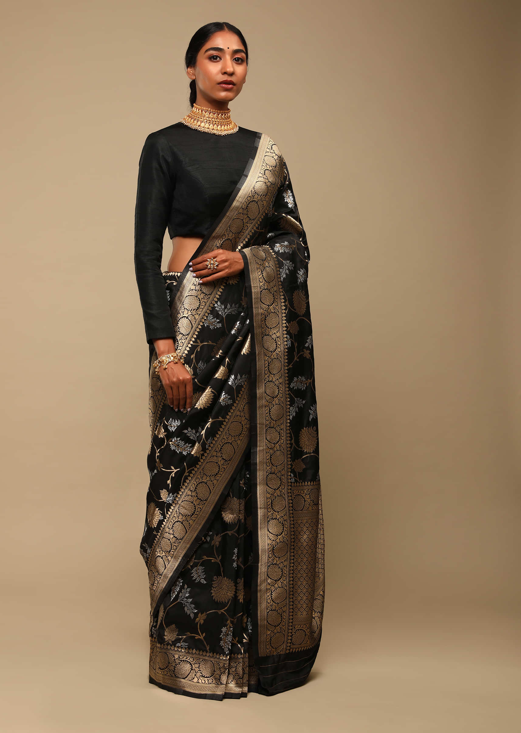 Black Saree In Art Handloom Silk With Two Toned Woven Floral Jaal, Geometric Motifs On The Pallu And Unstitched Blouse  