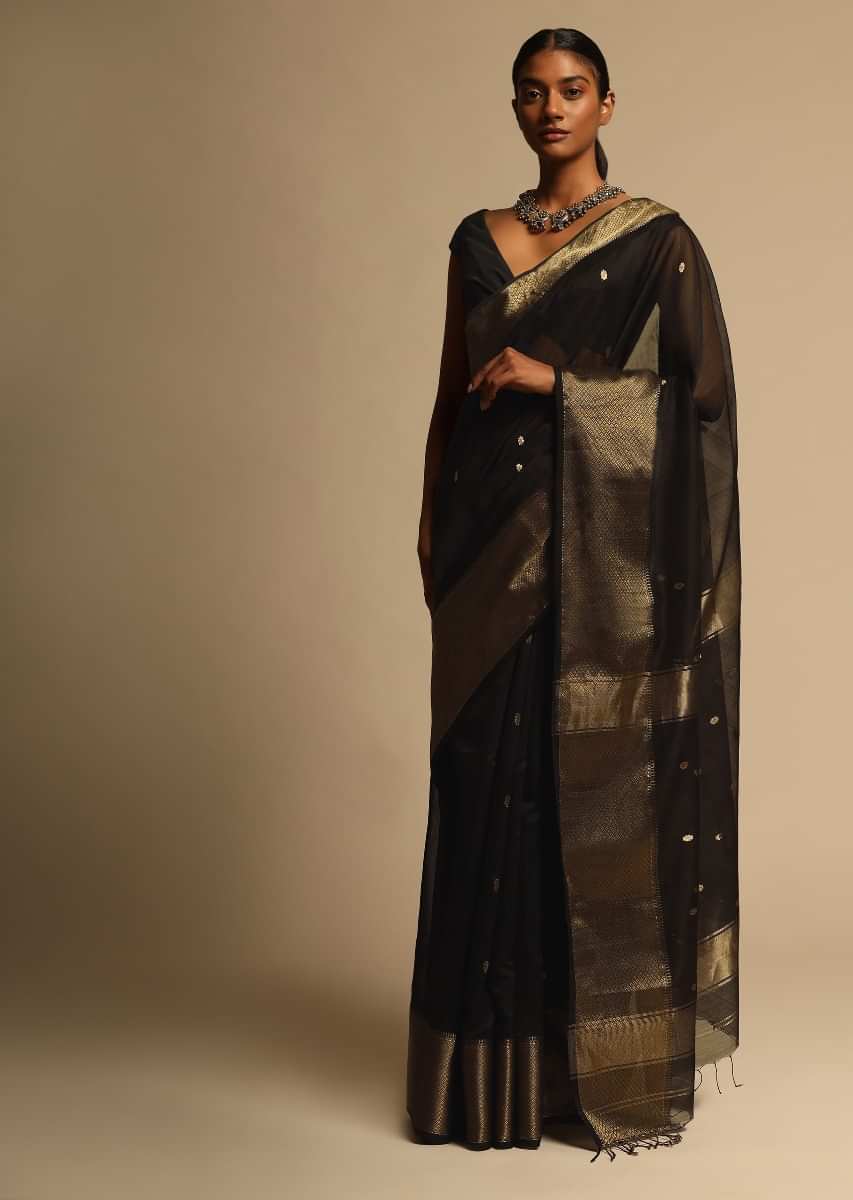 Black Saree In Cotton Silk With Woven Buttis And Broad Border Along With Unstitched Blouse