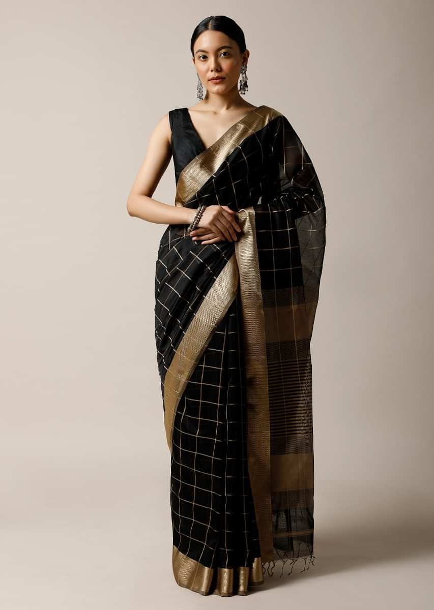Black Saree In Cotton Silk With Woven Zari Checks And Gold Border Along With Unstitched Blouse