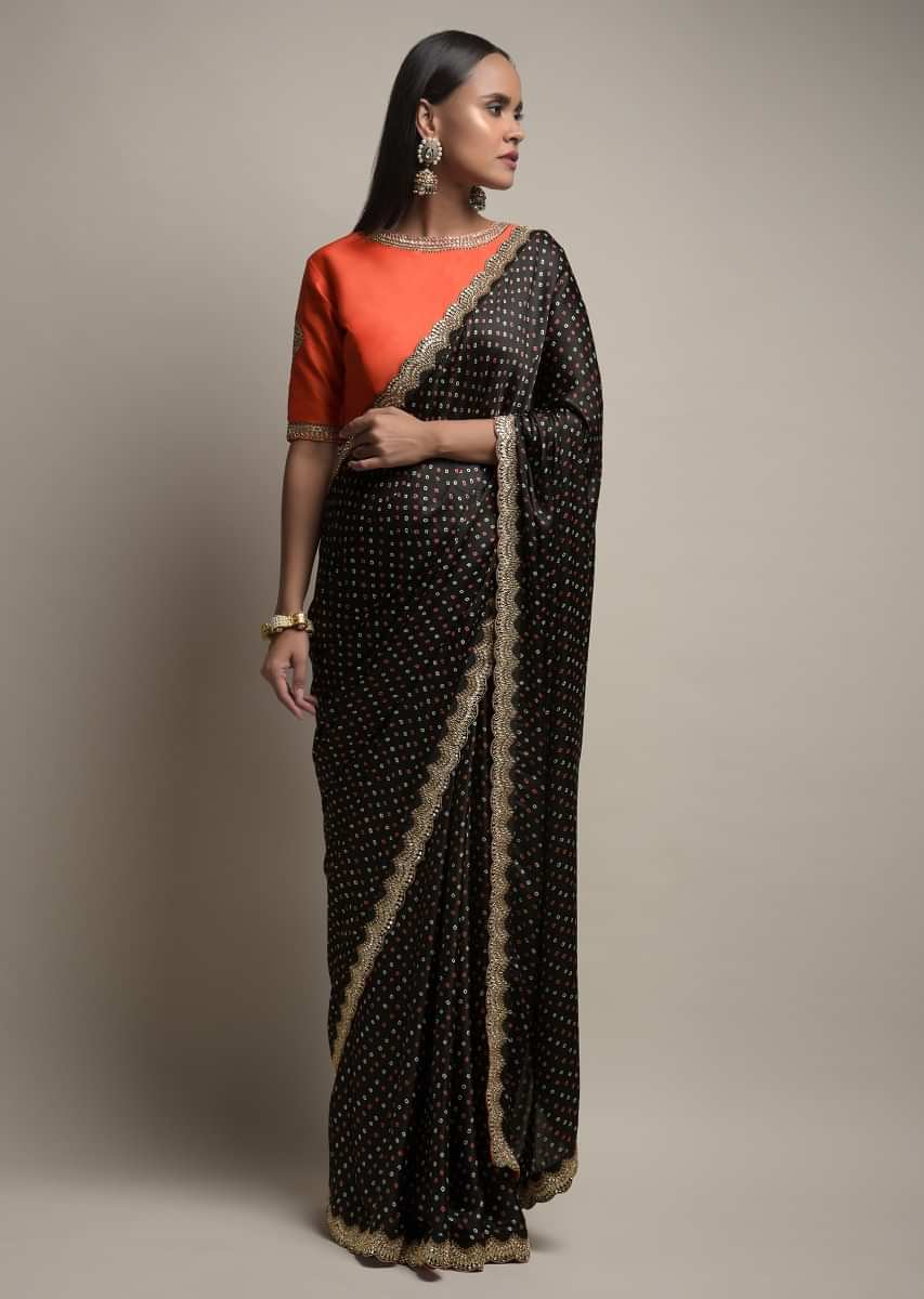 Buy Black Saree In Satin Blend With Bandhani Print And Mirror Work Paired  With Contrasting Coral Stitched Blouse - FAREWELL PARTY SAREE LOOK