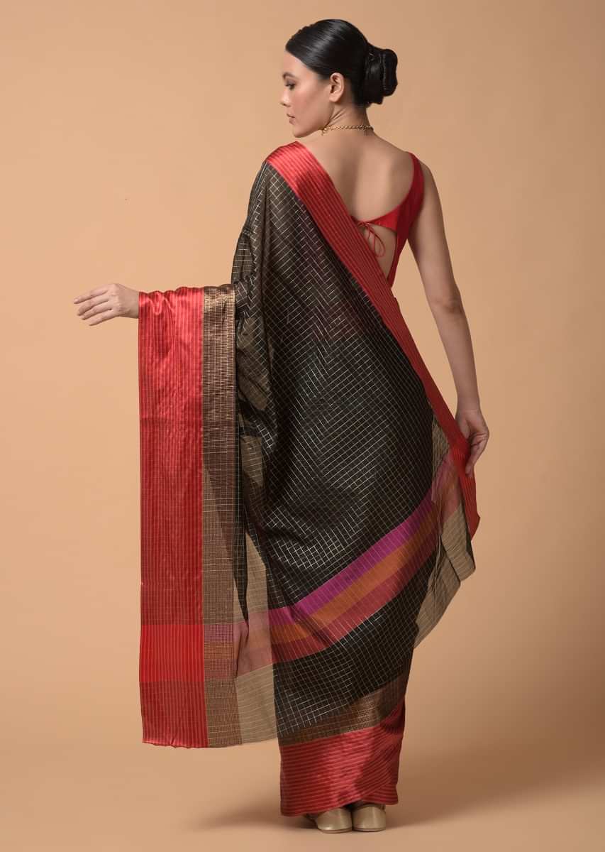 Black Saree In Zari Kota Silk With Woven Checks And Contrasting Striped Red Border