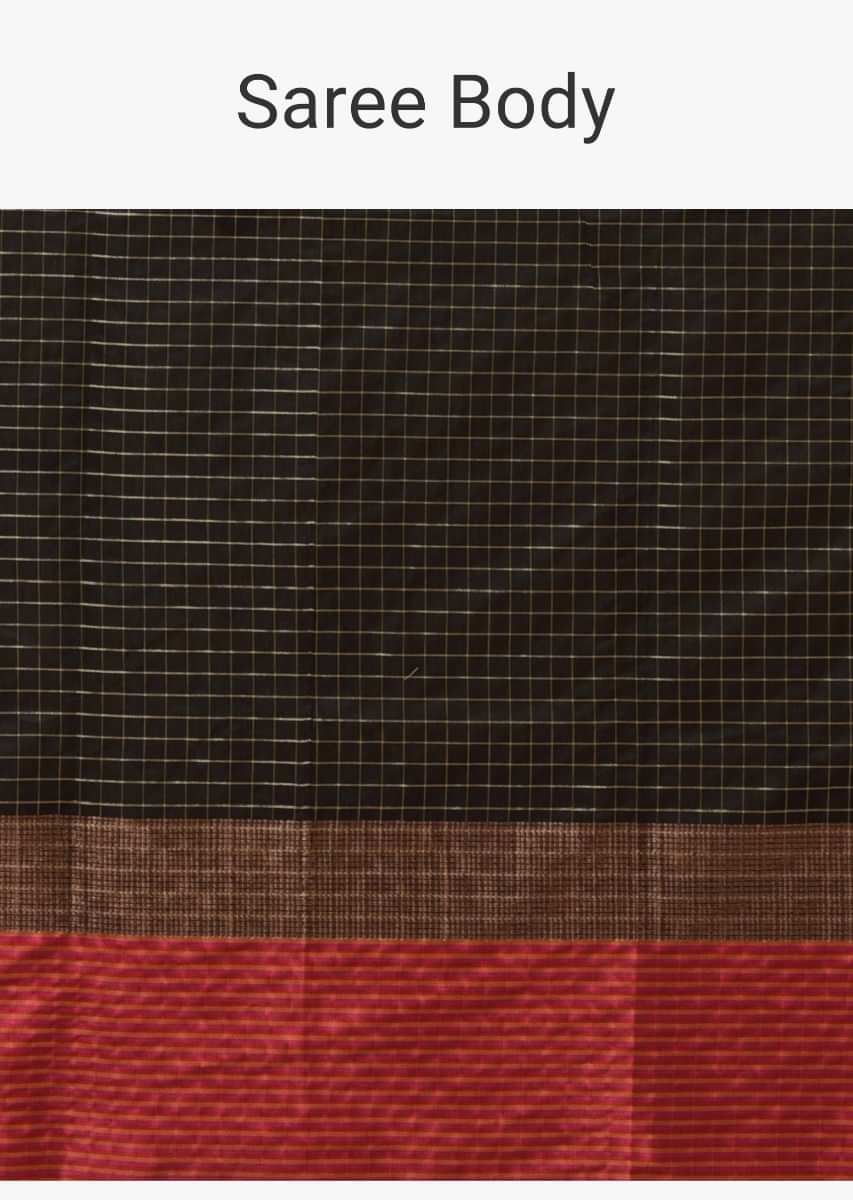 Black Saree In Zari Kota Silk With Woven Checks And Contrasting Striped Red Border