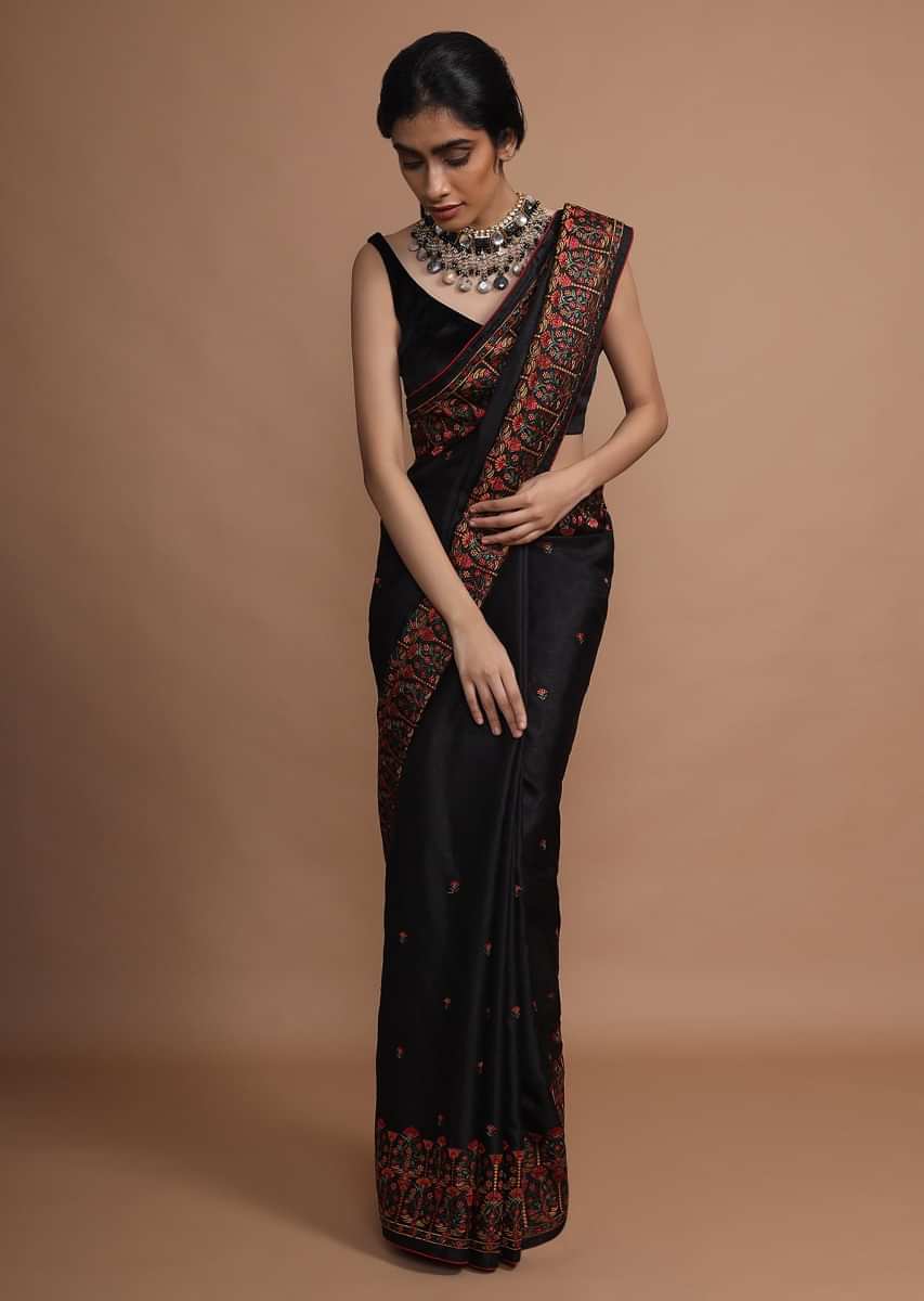 Black Saree With Colorful Resham Embroidered Floral Design On The Border And Butti Work