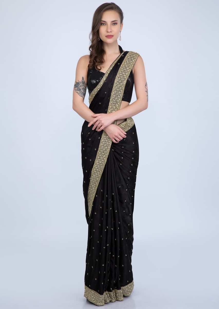 Black Saree In Satin Chiffon With Golden Cut Dana And Sequins Embroidered Border Online - Kalki Fashion