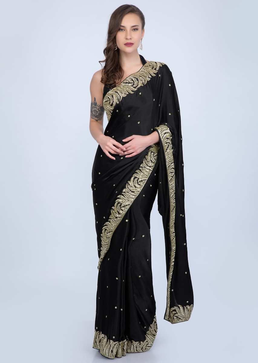 Black Saree In Satin Chiffon With Heavy Cut Dana Embroidered Border Online - Kalki Fashion