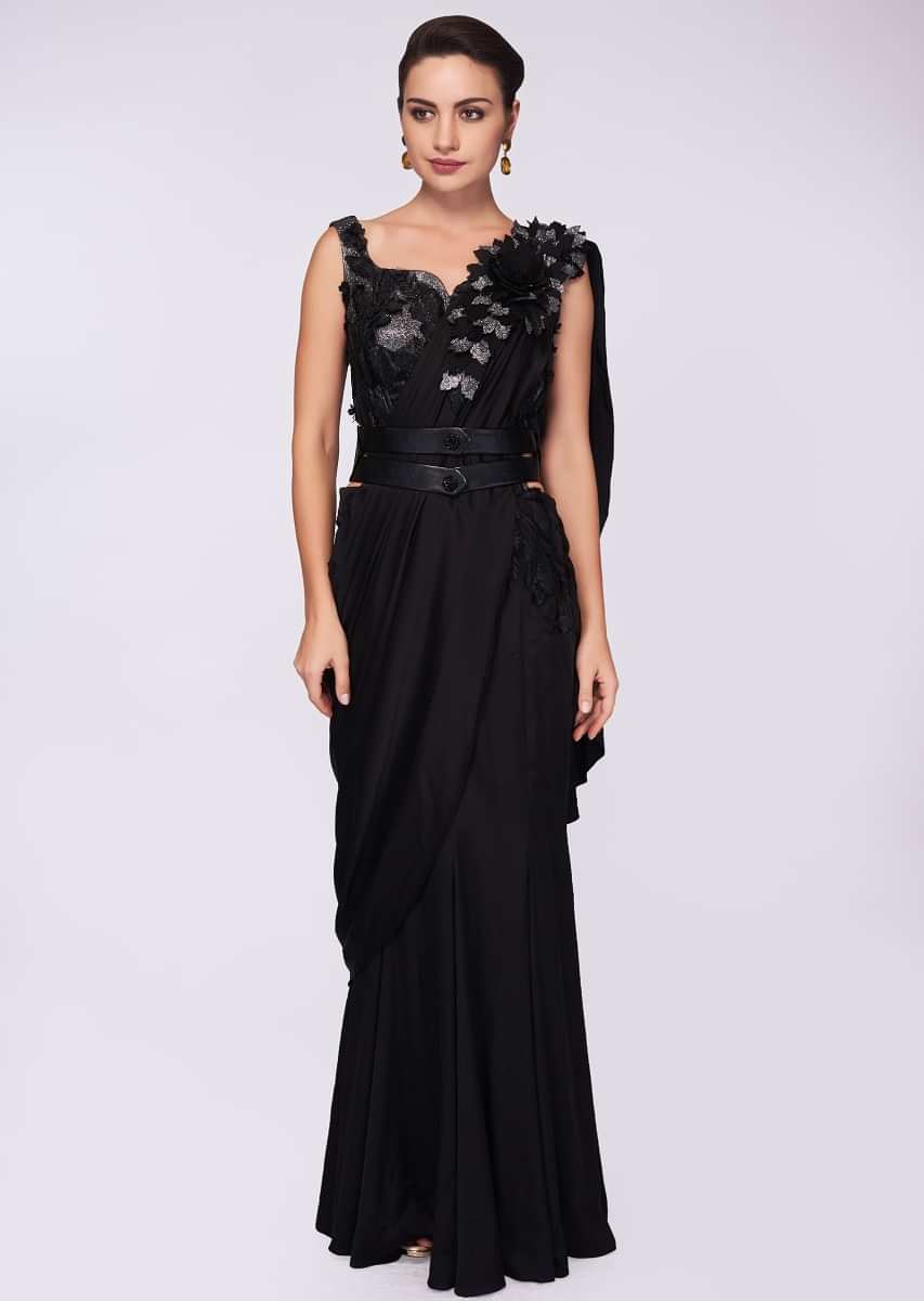 Black satin saree gown with fancy fabric bodice and draped pallo