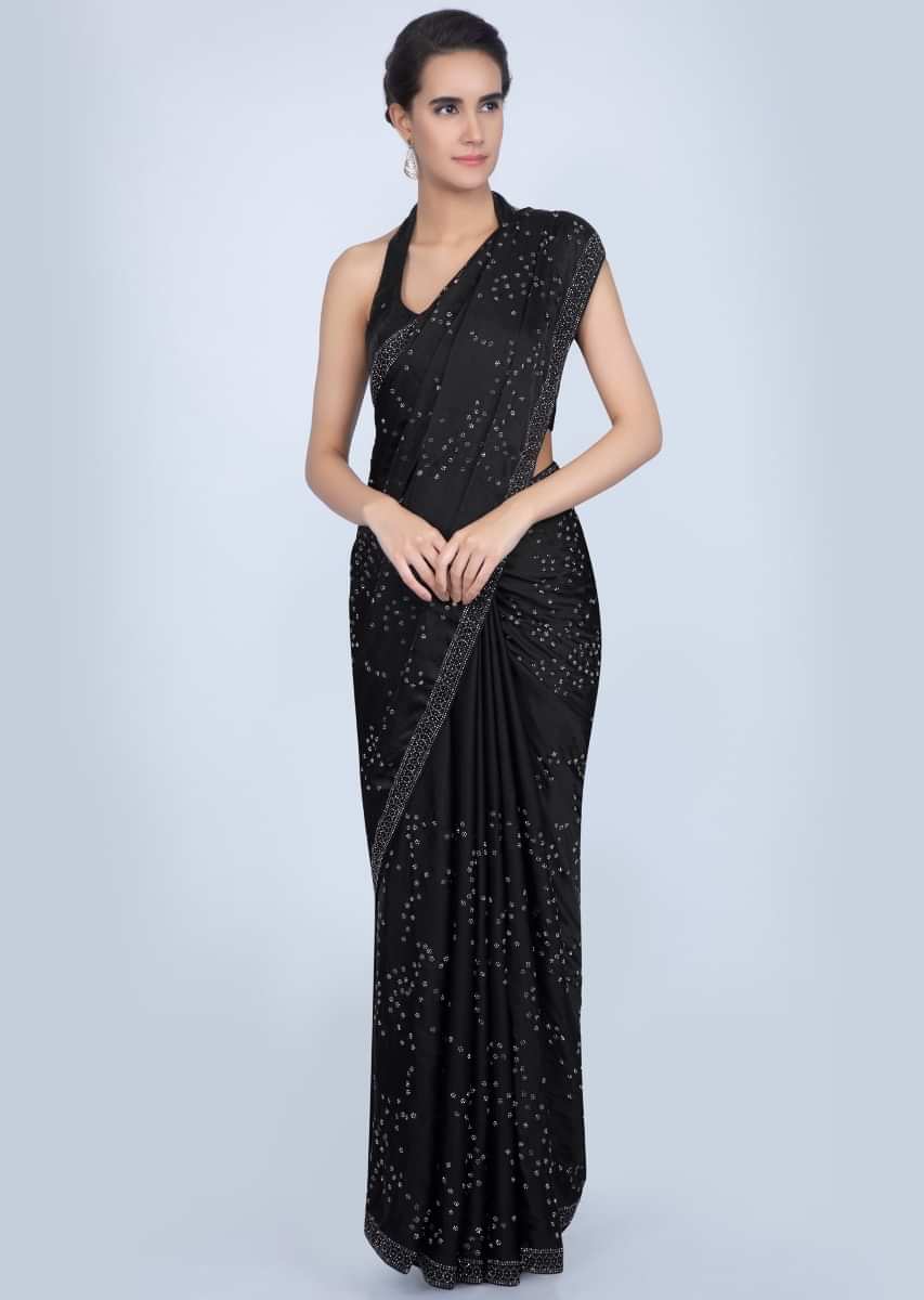 Black Saree In Satin With Embroidered Lower Bottom And Pallu Online - Kalki Fashion