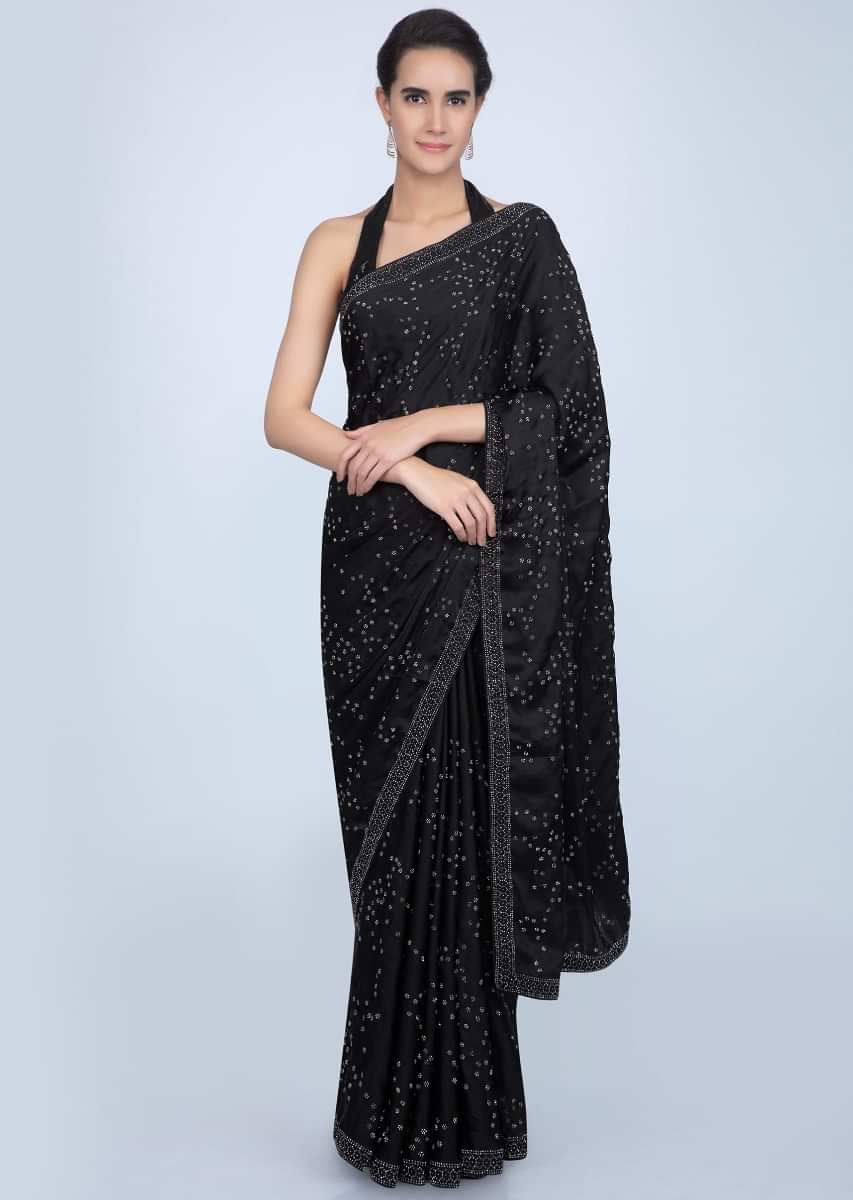 Black Saree In Satin With Embroidered Lower Bottom And Pallu Online - Kalki Fashion