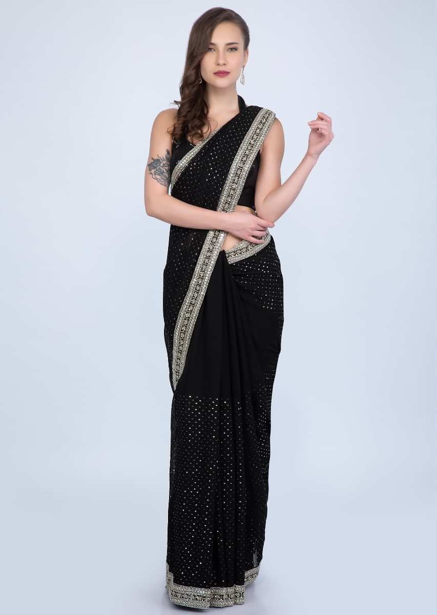 Black Saree With Self Checks Jaal Embroidery And Heavy Cut Dana And Sequins Embroidered Border Online - Kalki Fashion