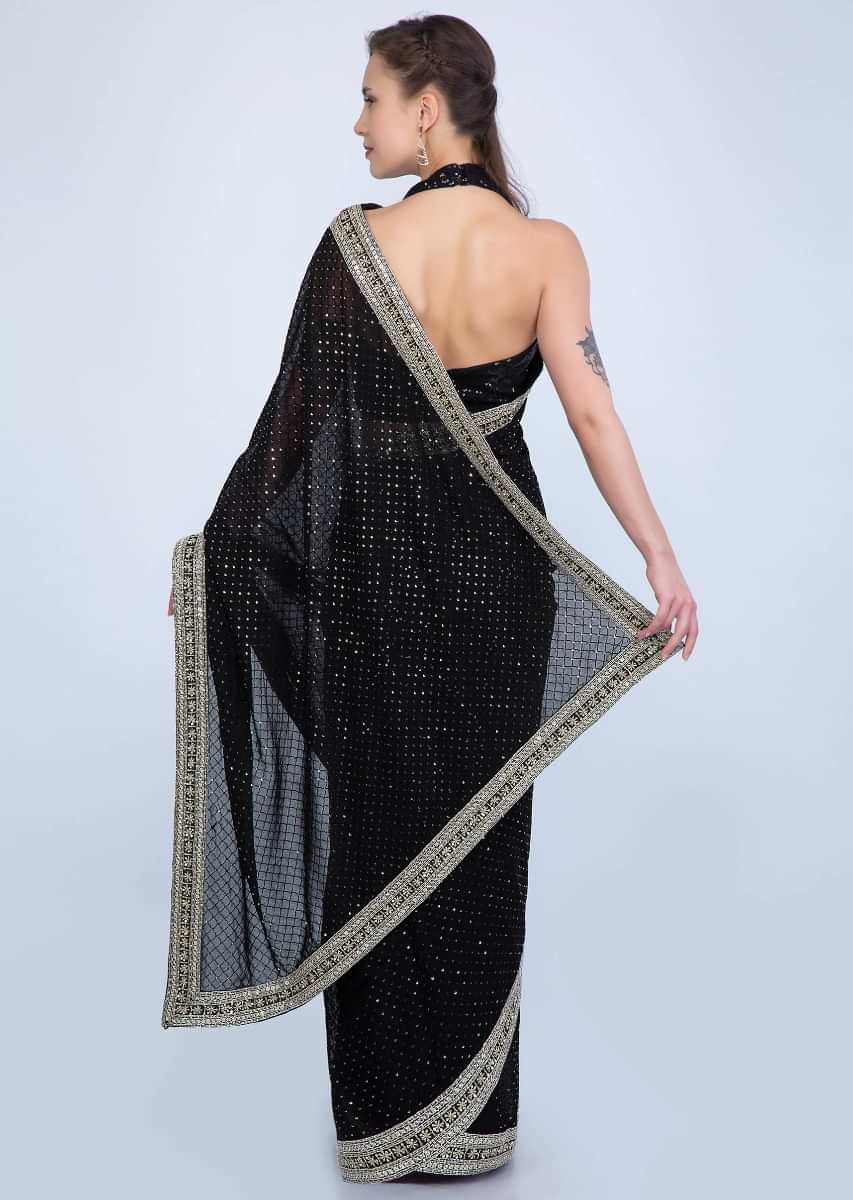 Black Saree With Self Checks Jaal Embroidery And Heavy Cut Dana And Sequins Embroidered Border Online - Kalki Fashion