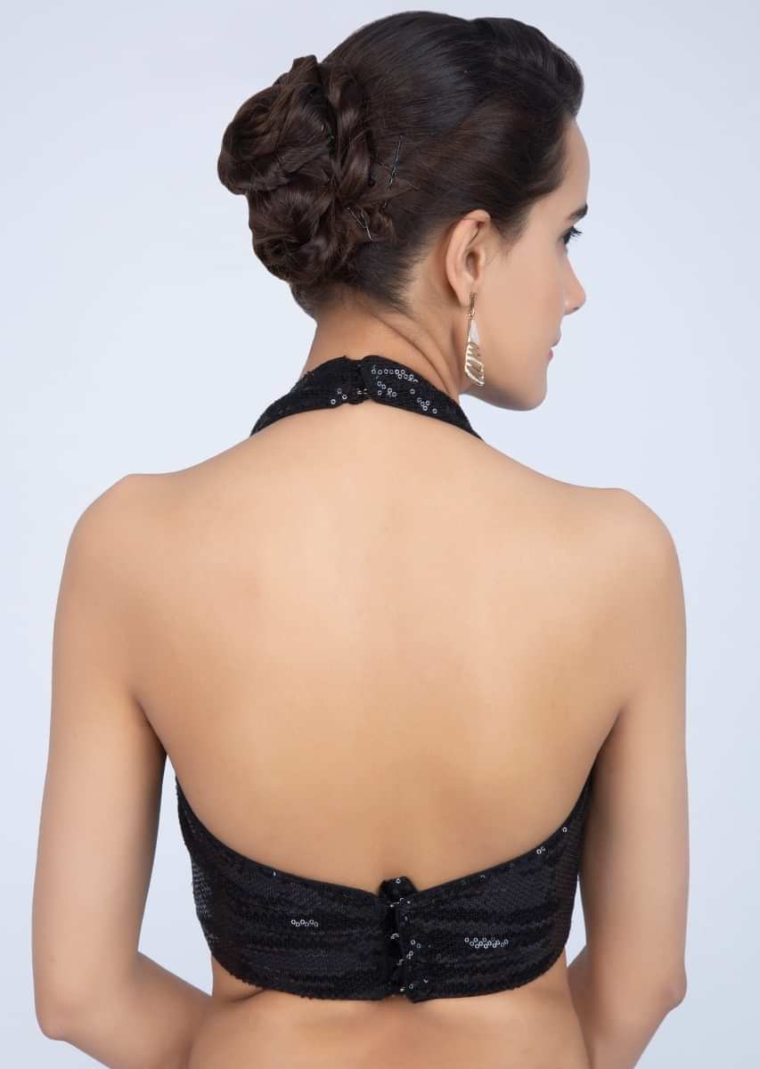 Black Sequins Blouse With Embroidery Work And Halter Neckline Online - Kalki Fashion