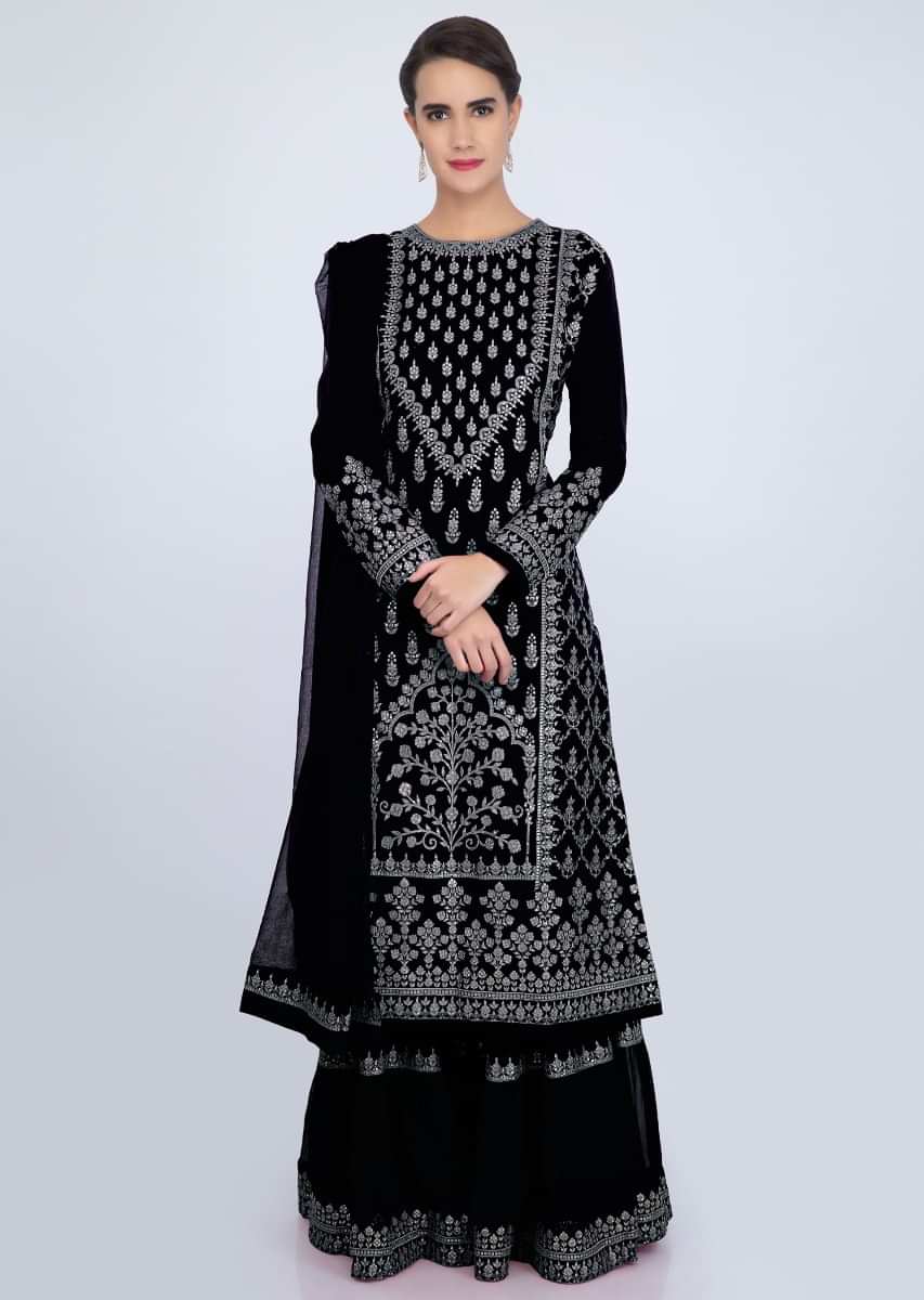 Charcoal black sharara suit set with embroidery and butti only on Kalki