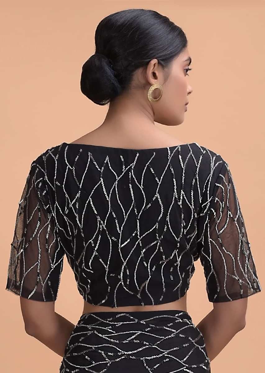 Black Silk Blouse With Cut Dana And Stone Embroidery In Abstract Motifs