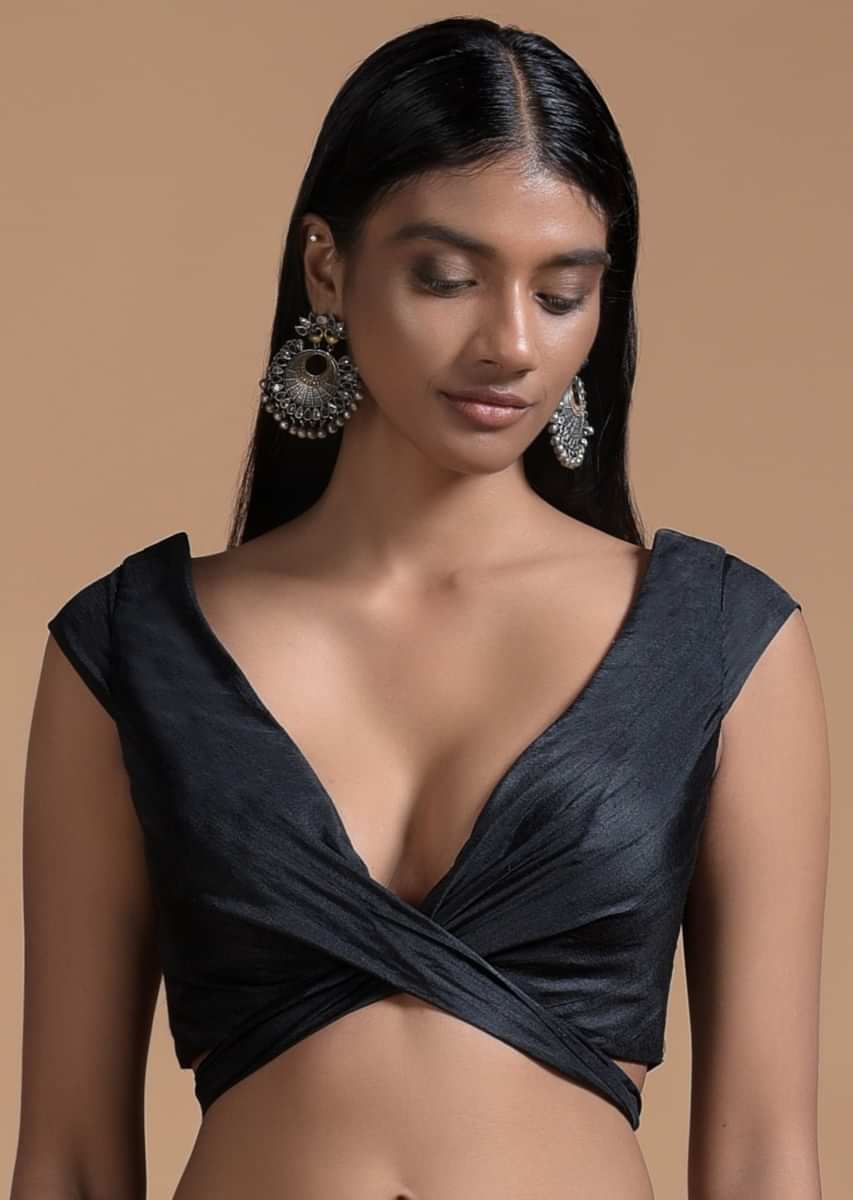 Black Sleeveless Blouse In Raw Silk With Wrap-Around Tie Up And Plunging Neckline