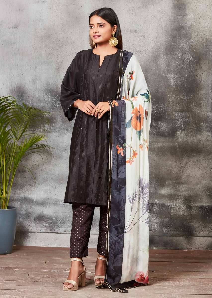 Buy Black Straight Cut Suit With Brocade Silk Pants And Floral Printed  Dupatta Online - Kalki Fashion