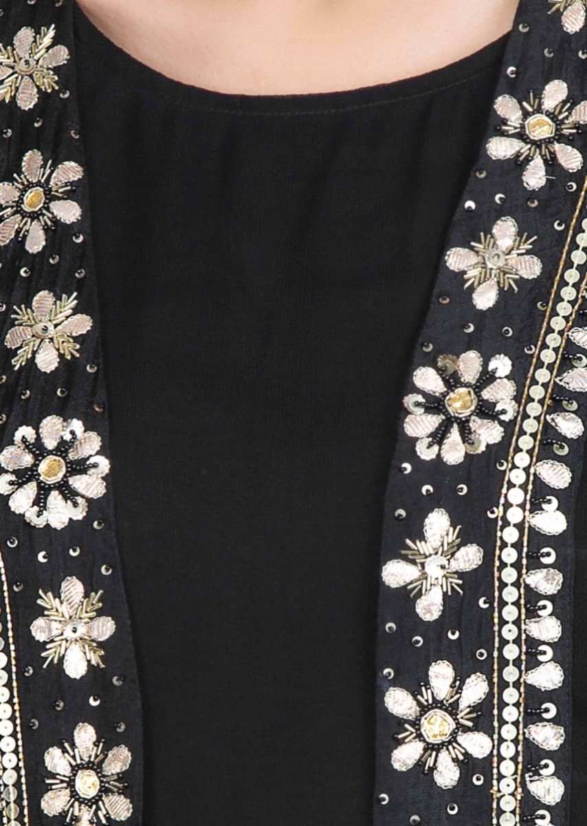 Black Straight Kurti And Dhoti Paired With Long Jacket With Embroidered Edges Online - Kalki Fashion