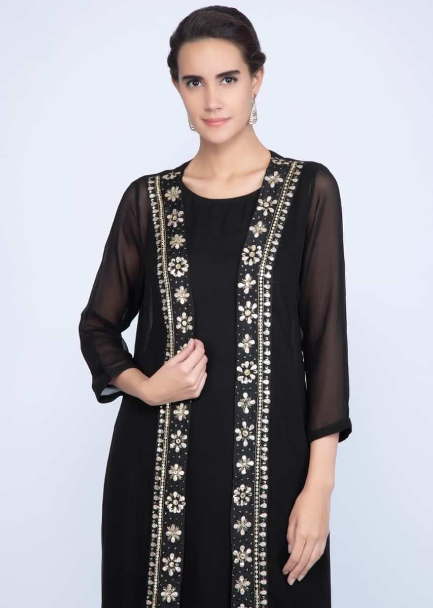 Black Straight Kurti And Dhoti Paired With Long Jacket With Embroidered Edges Online - Kalki Fashion