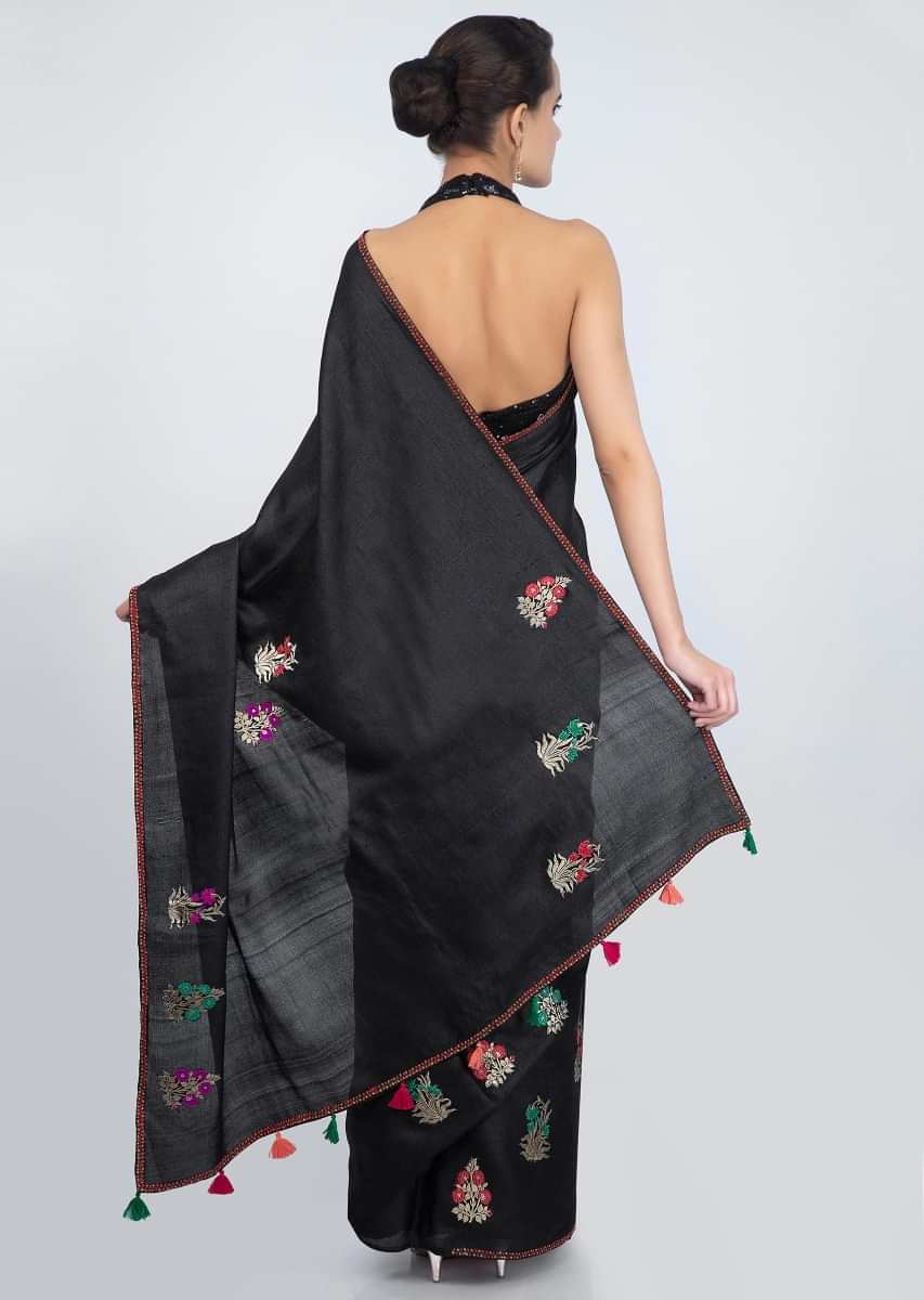 Black tussar silk saree with weaved patch butti only on Kalki