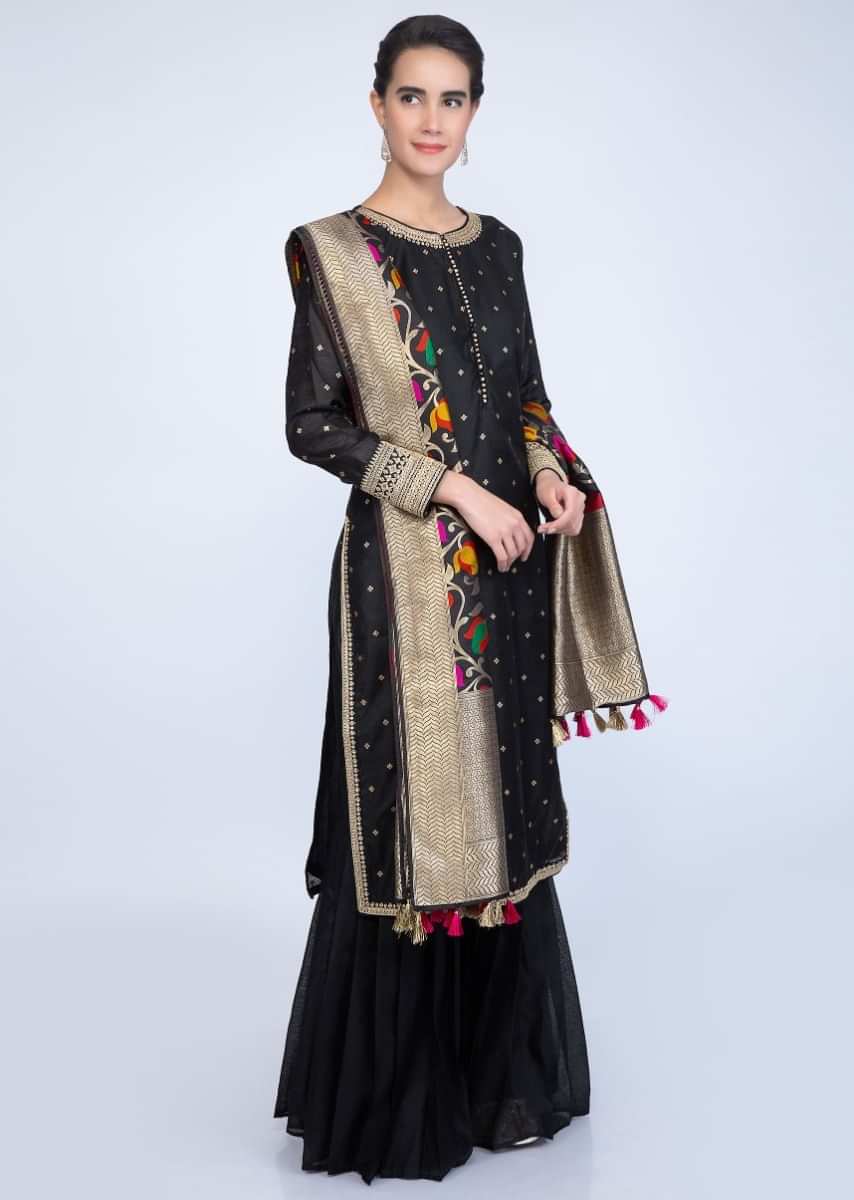 Black Suit With Weaved Buttis And Matching Sharara Paired With Multi Color Embroidered Brocade Silk Dupatta Online - Kalki Fashion