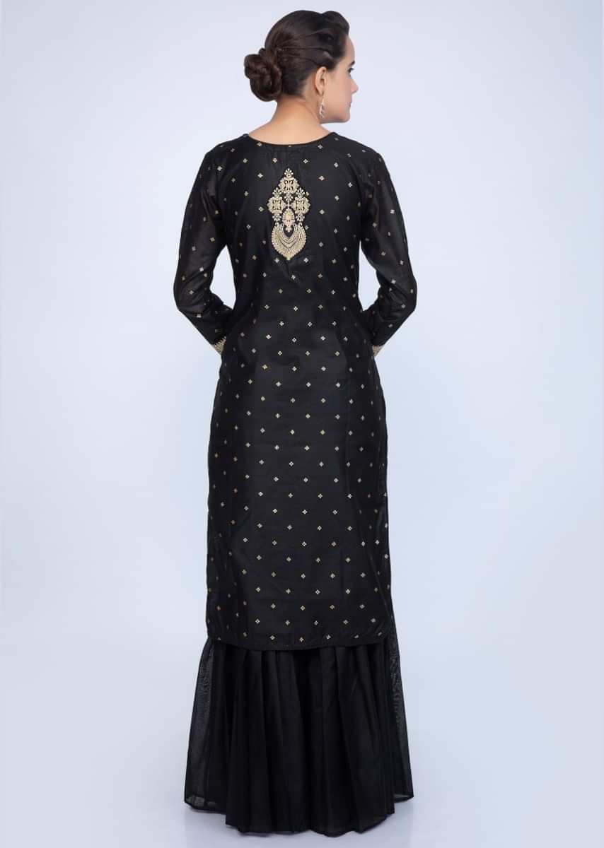 Black Suit With Weaved Buttis And Matching Sharara Paired With Multi Color Embroidered Brocade Silk Dupatta Online - Kalki Fashion