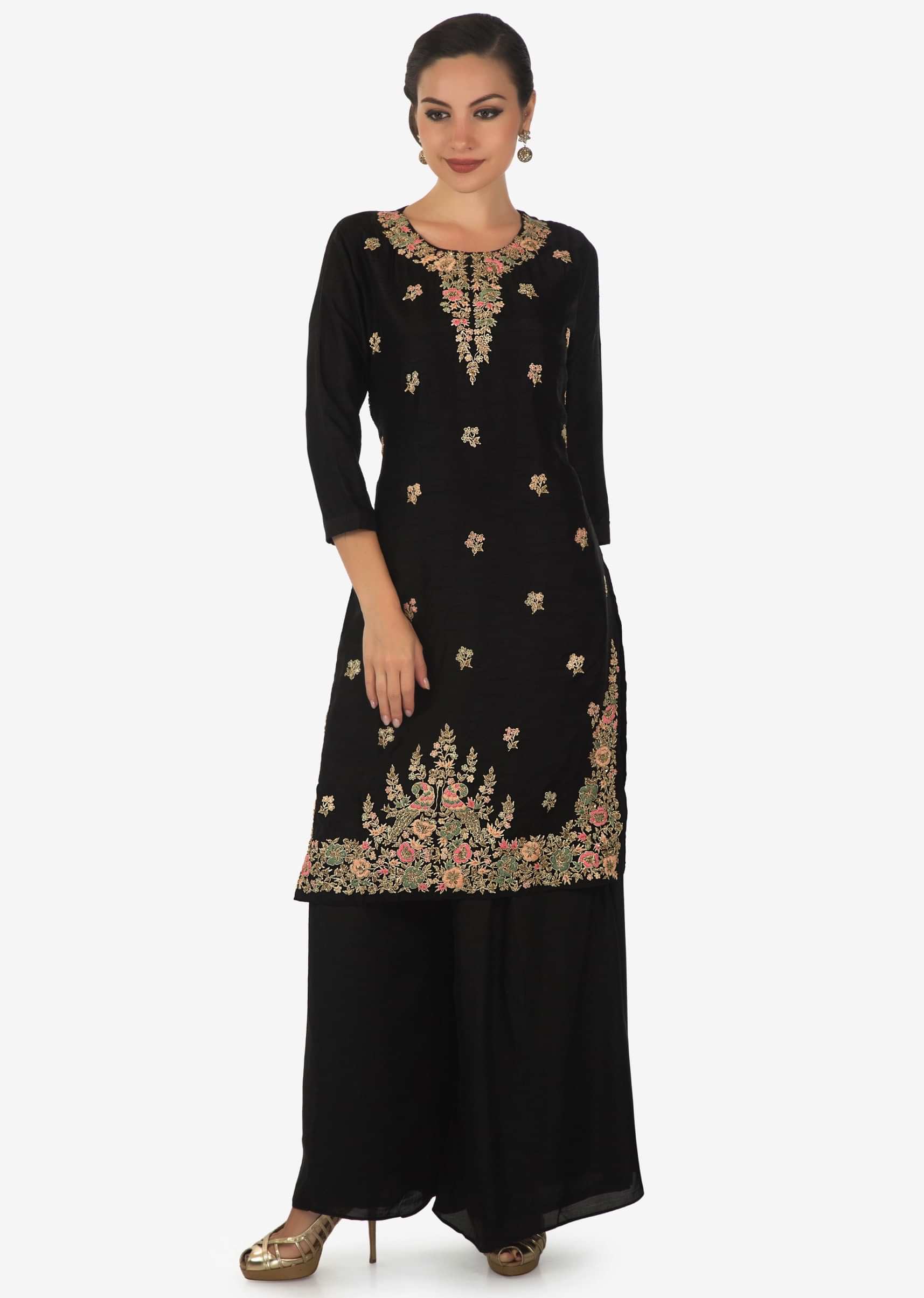 Black Straight Palazzo Suit With Embroidered Neckline And Hem Online - Kalki Fashion