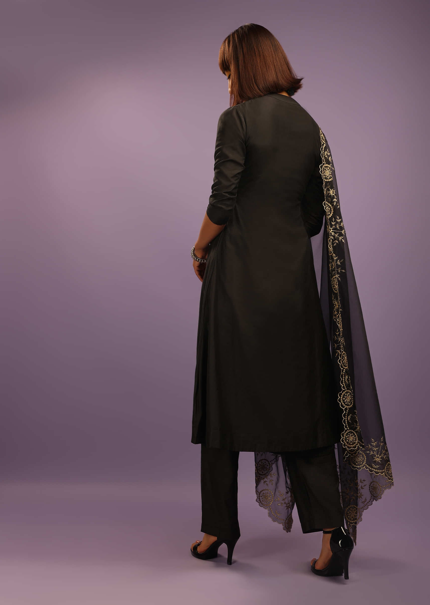 Black A Line Suit In Chanderi Cotton With Pin Tucks Detailing And A Zari Embroidered Organza Dupatta  