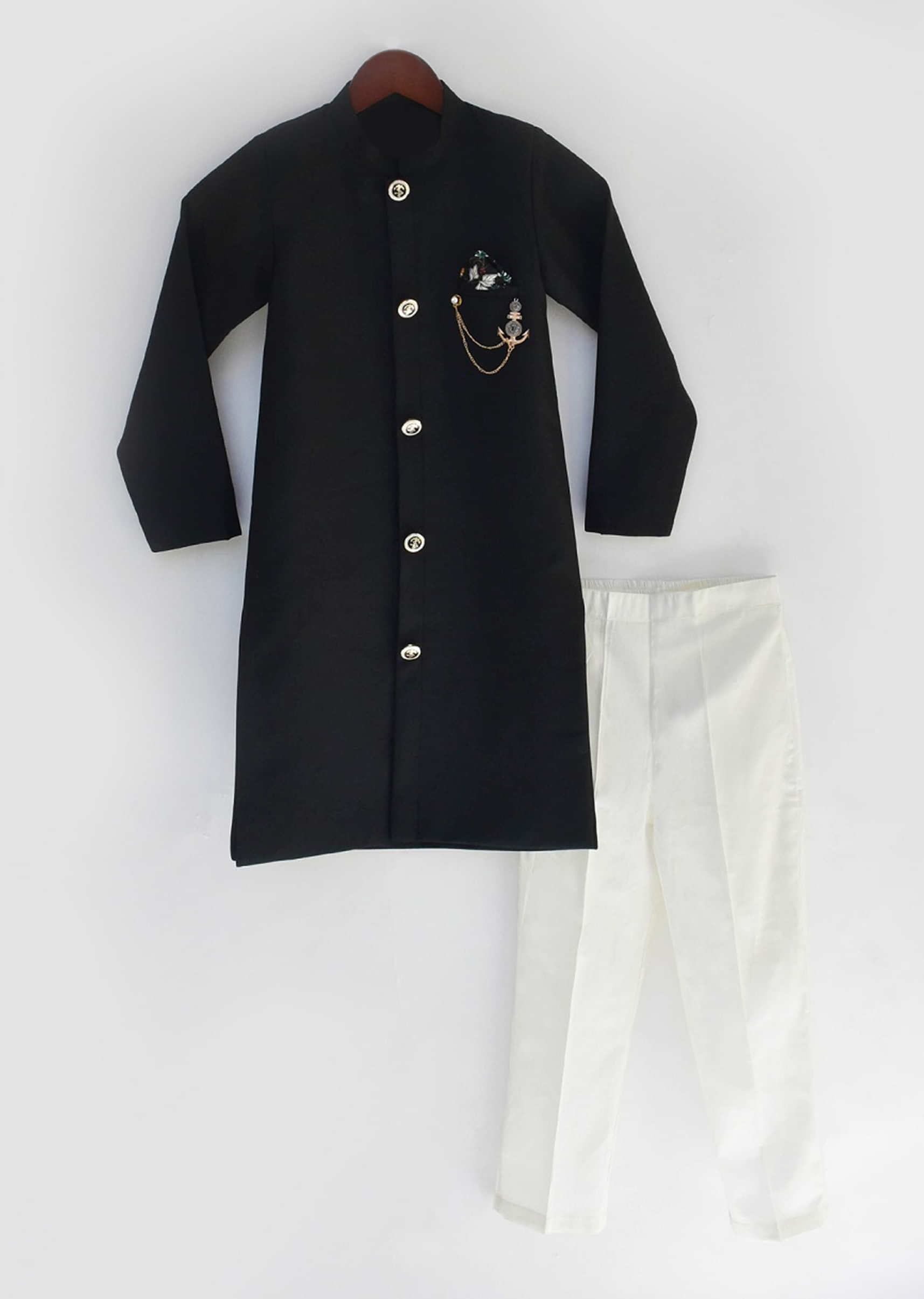 Kalki Boys Black ajkan set with golden brooch and white silk pants by fayon kids
