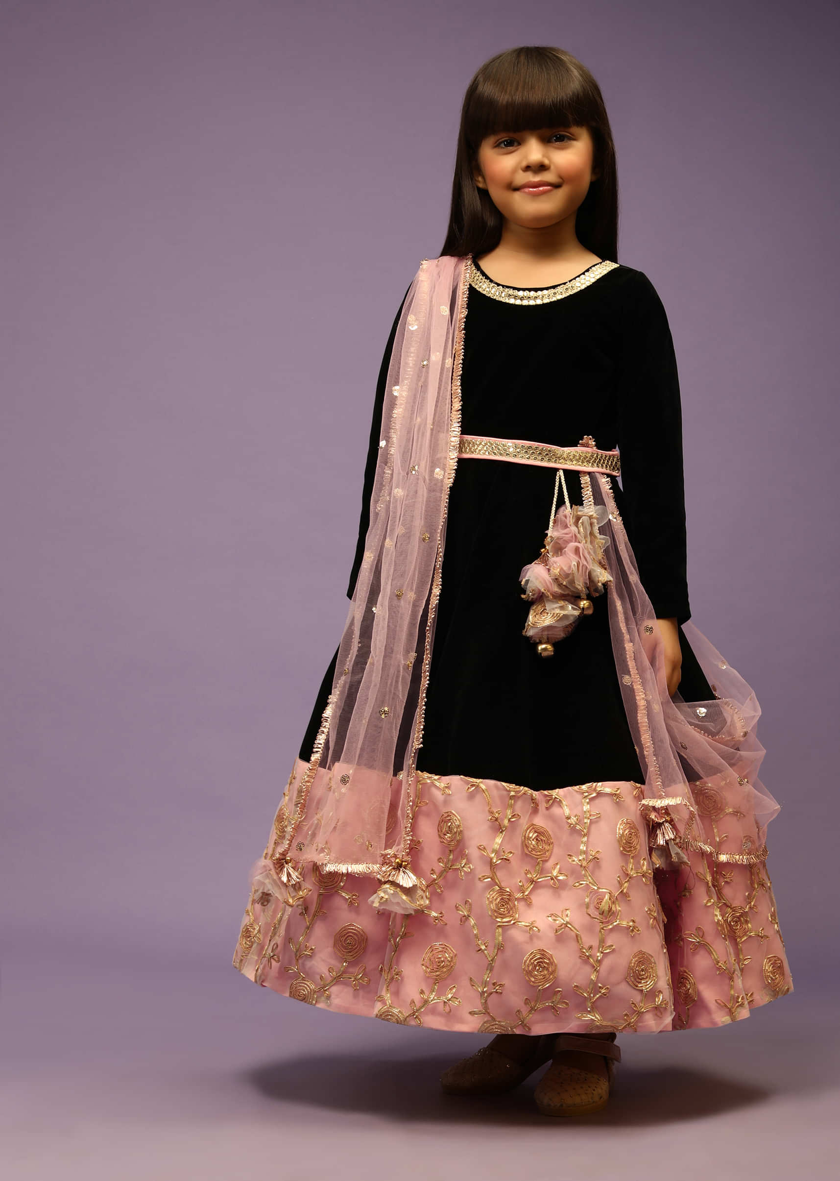 Kalki Girls Black Anarkali gown with pink border and intricate lace embroidery by fayon kids