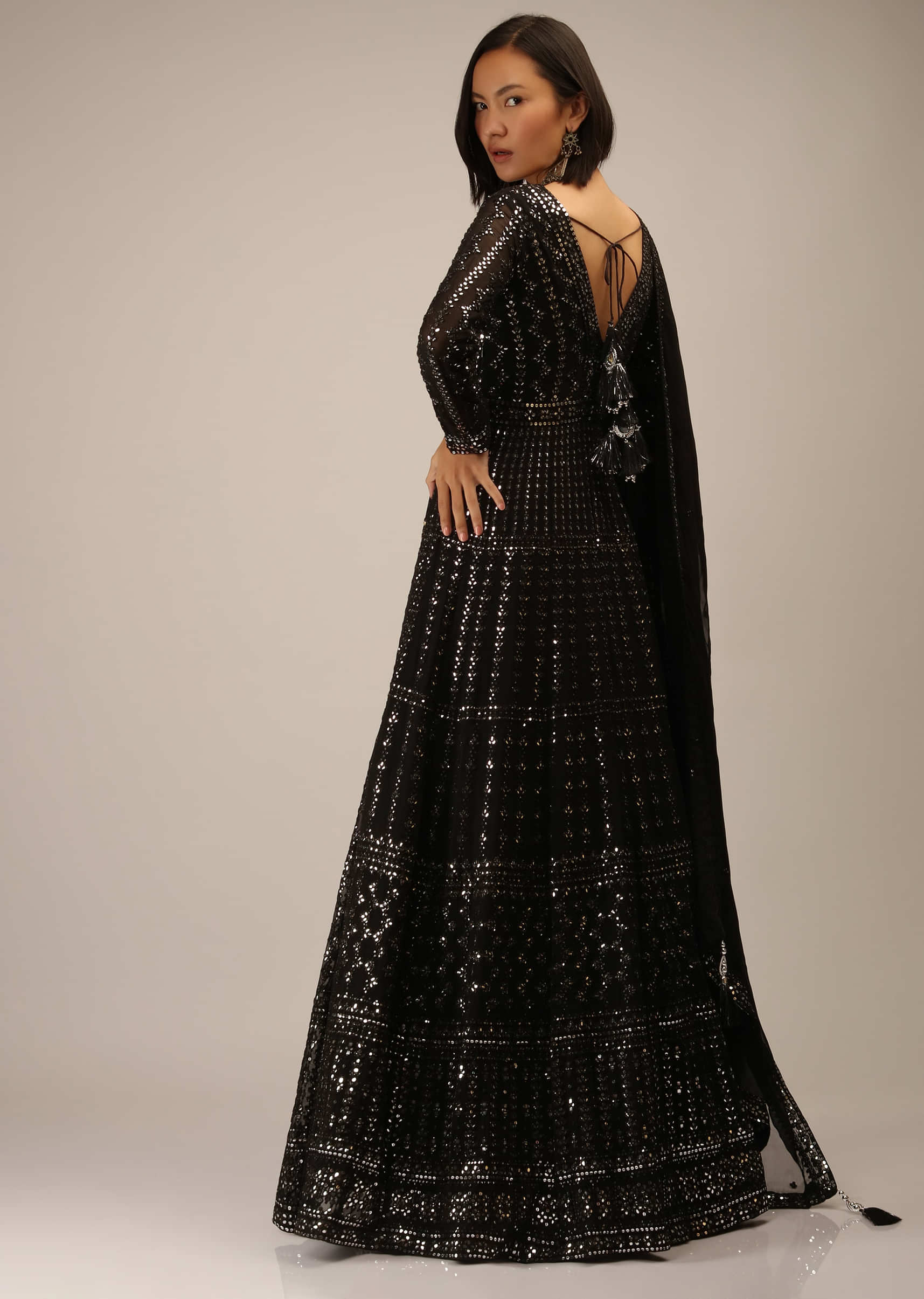 Black Anarkali Suit In Georgette With Sequins And Mirror Embroidery All Over And Full Sleeves