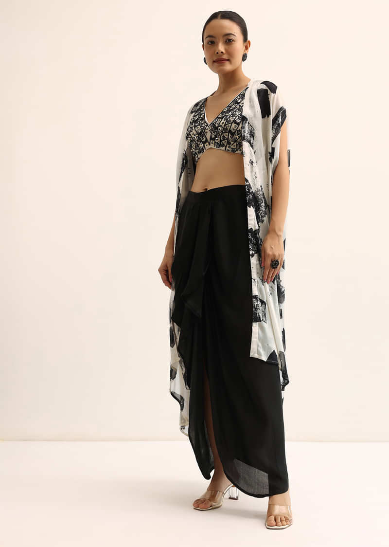 Buy Black And White Crop Top And Skirt Set | KALKI Fashion India