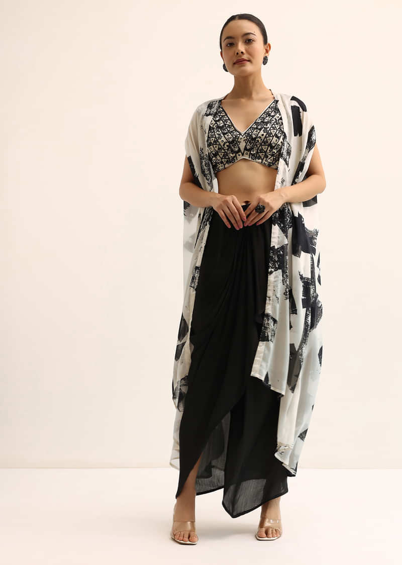 Buy Black And White Crop Top And Skirt Set | KALKI Fashion India