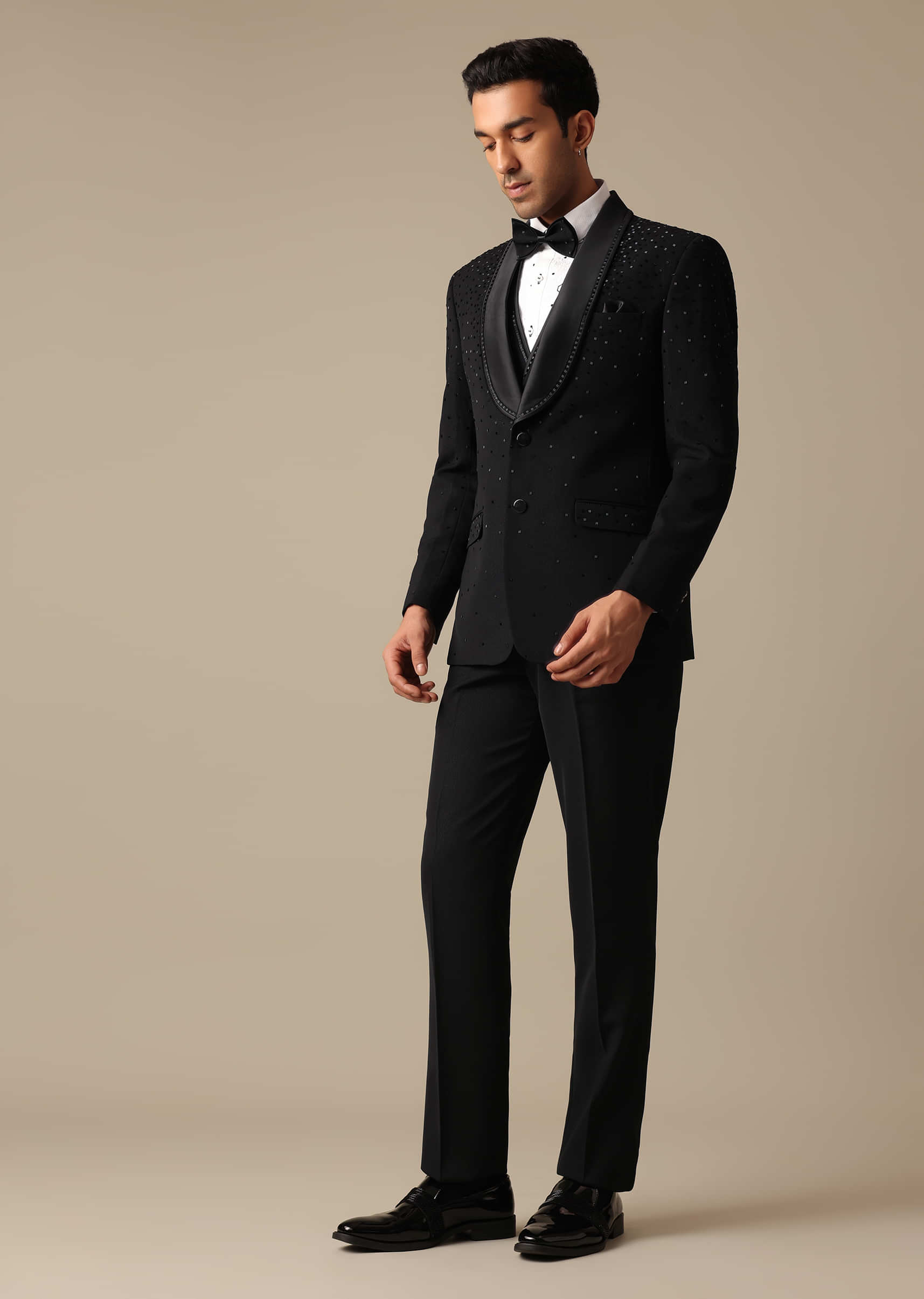 Black Blazer And Pant Set With Embroidered Detail Tuxedo Set