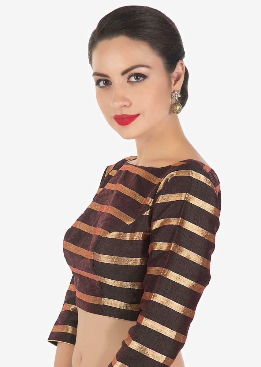 Black Blouse In Silk With Copper Color Weave In Stripes Motif Online - Kalki Fashion