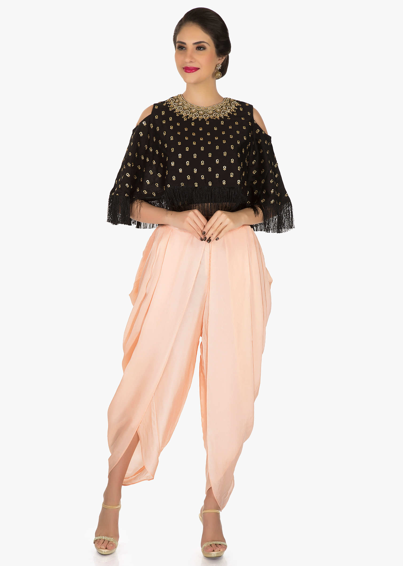 Black Cape And Peach Dhoti Suit With Moti Sequin Work Online - Kalki Fashion