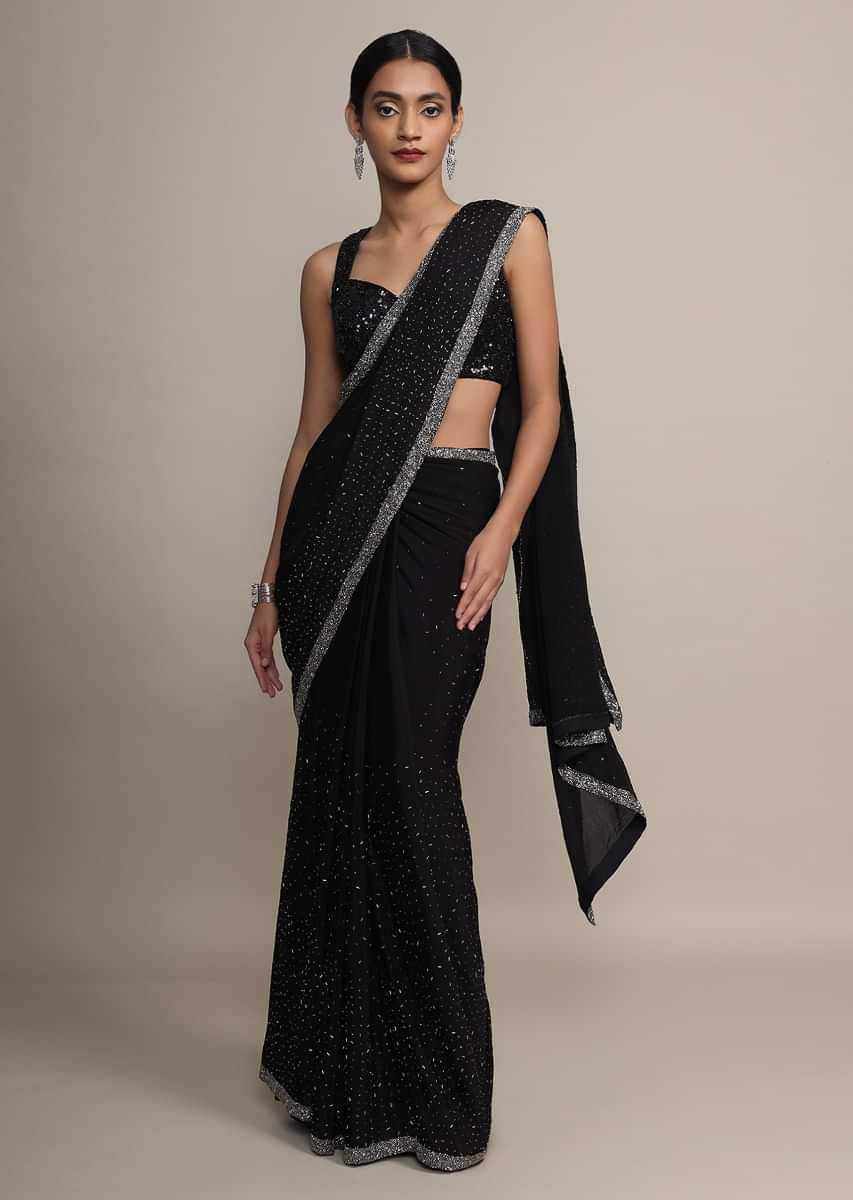 Buy Kalki Fashions Black saree embroidered in pearl and kundan work only by  Kalki at Amazon.in
