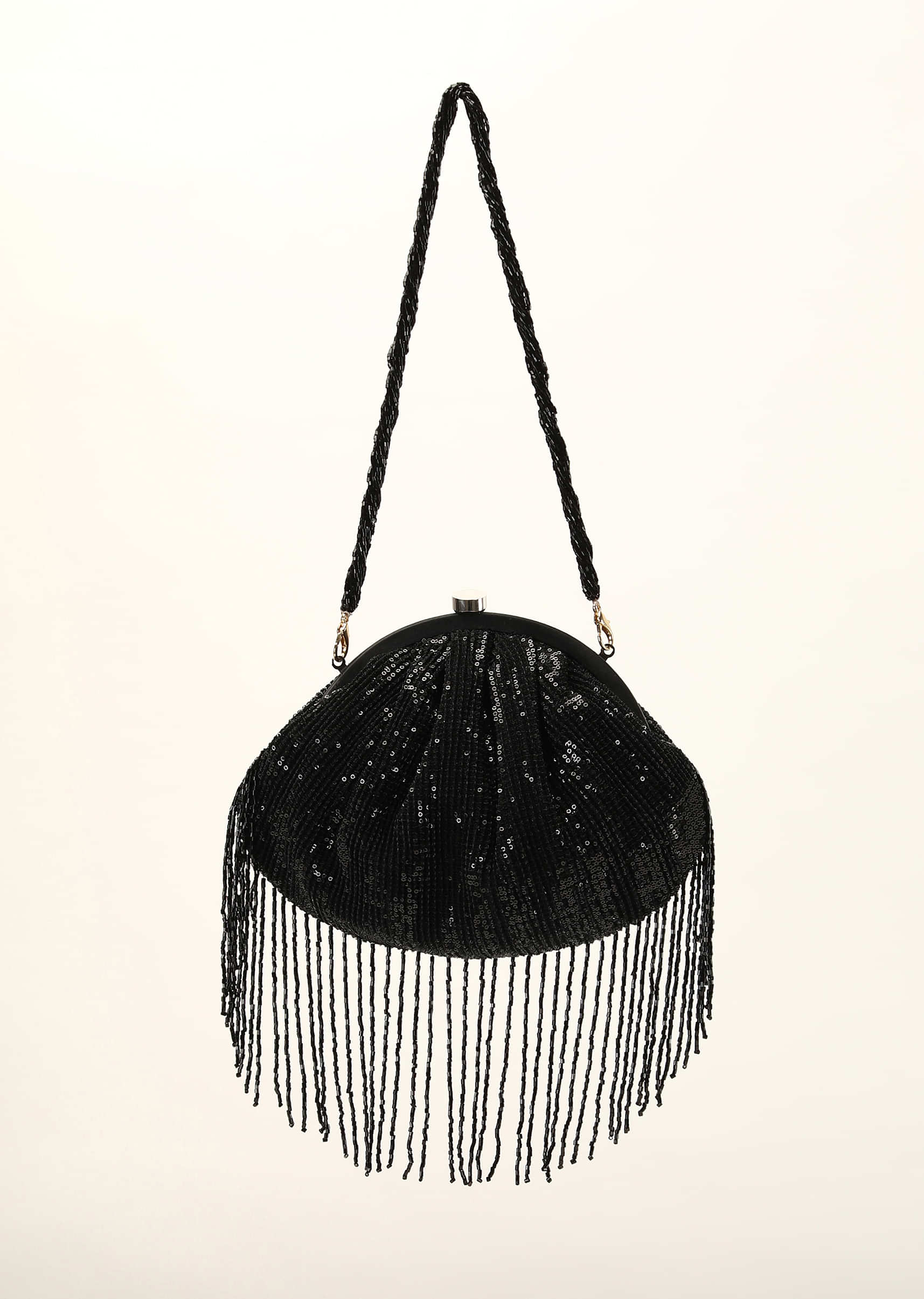 Black Clutch In Crushed Sequins Fabric With Cut Dana Fringes On The Edges