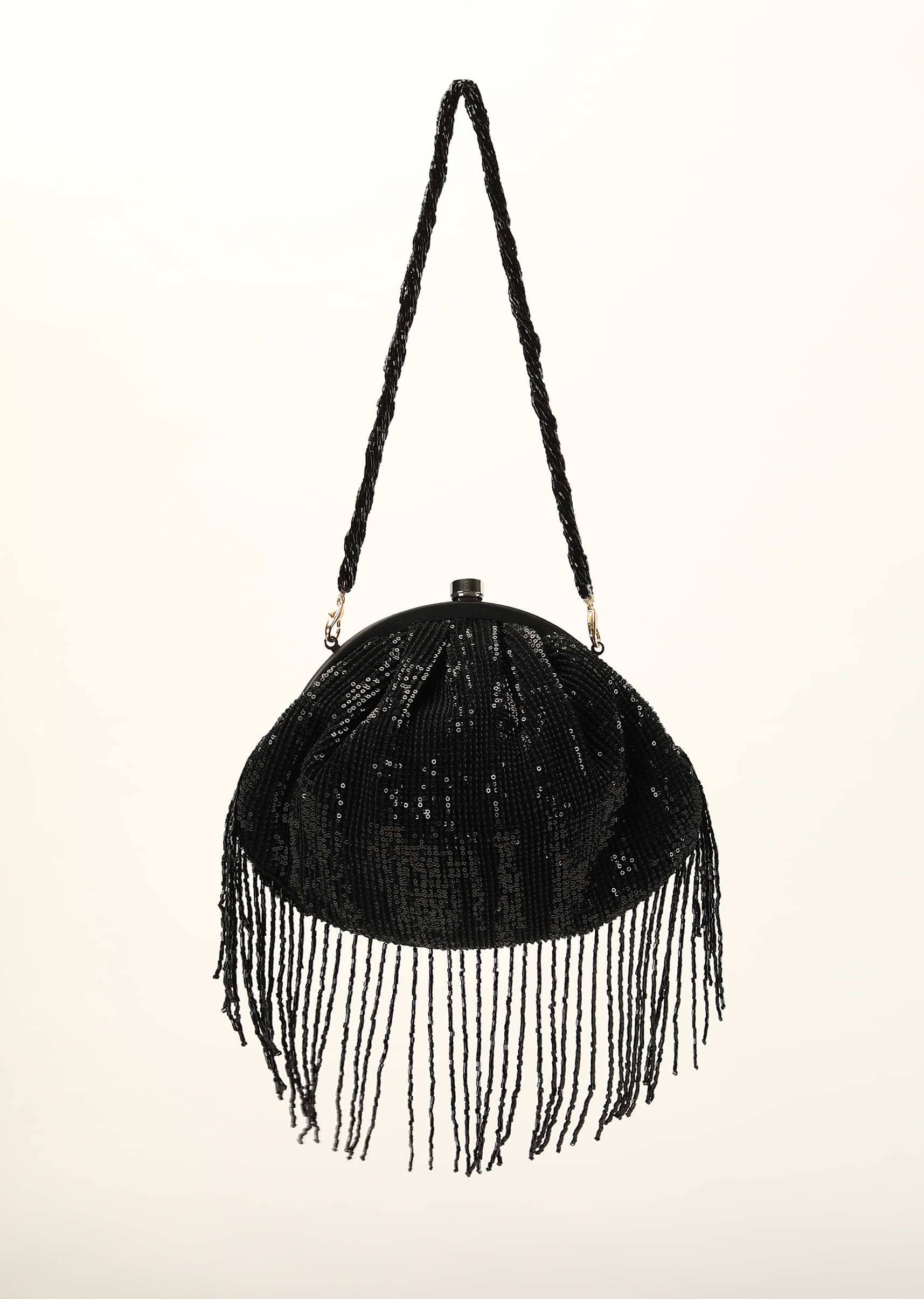 Black Clutch In Crushed Sequins Fabric With Cut Dana Fringes On The Edges