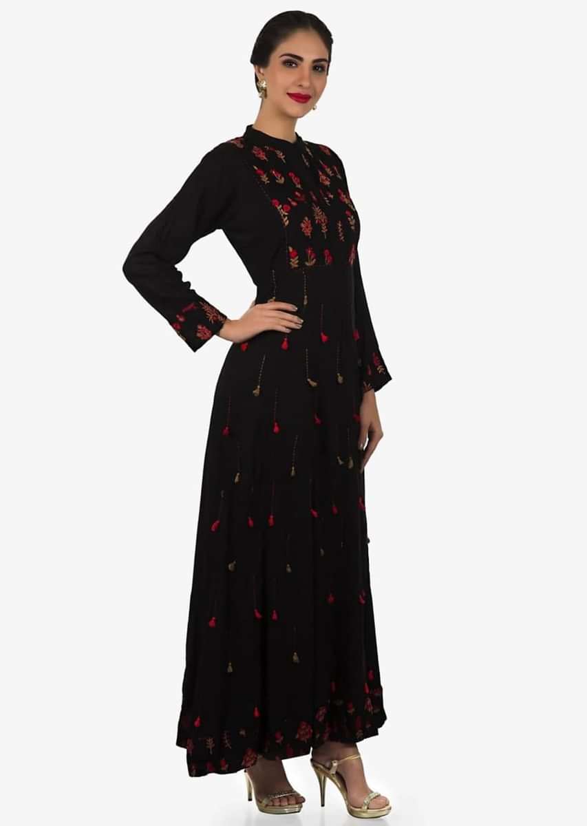 Black cotton long dress embellished in thread and tassel work only on Kalki