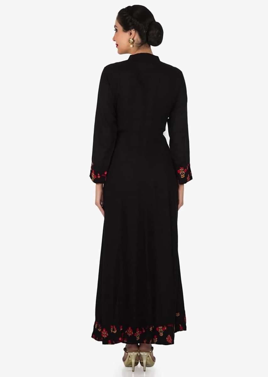 Black cotton long dress embellished in thread and tassel work only on Kalki