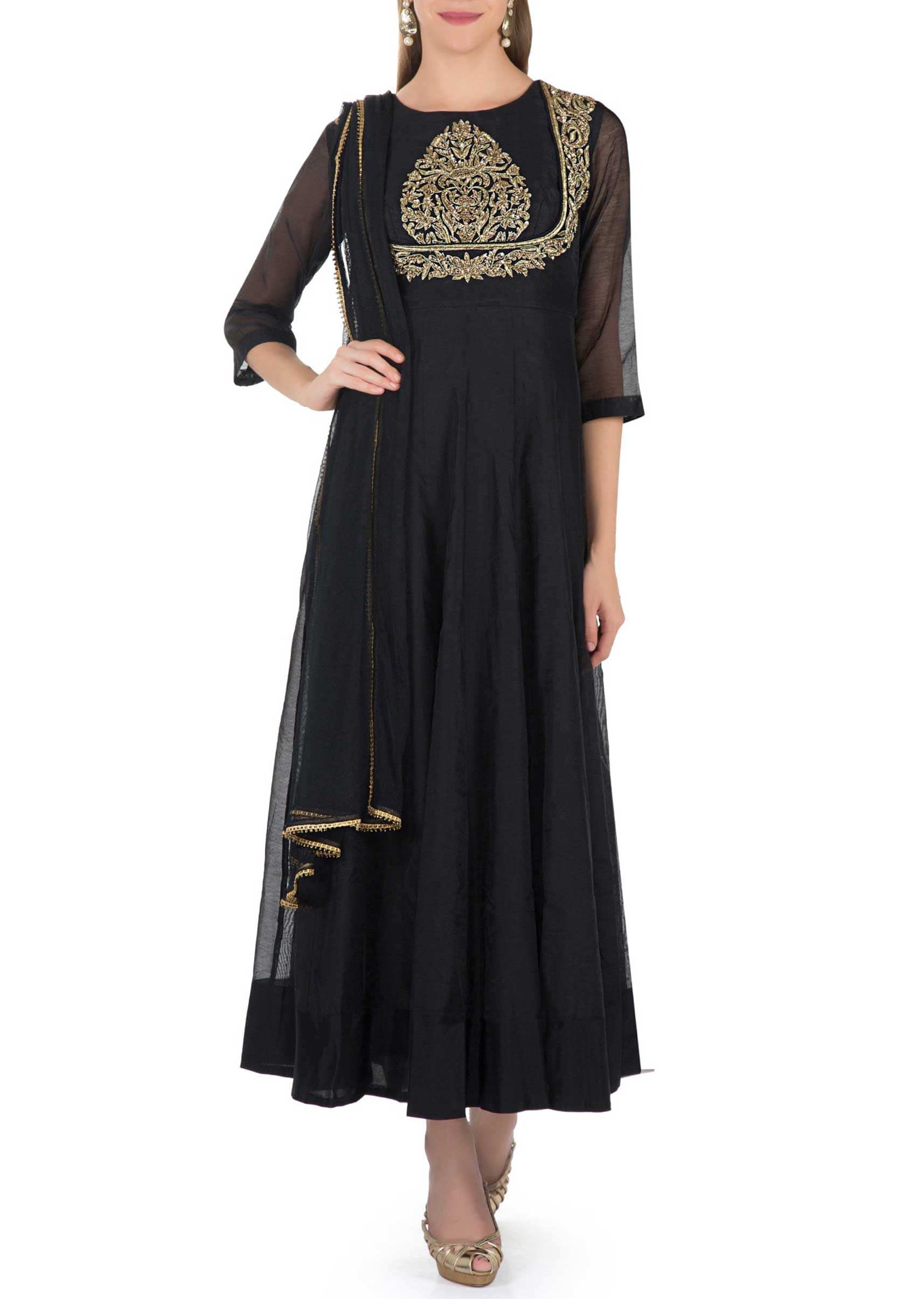 Black Cotton Top Crafted with Zardosi and Sequins and Net Dupatta only on Kalki