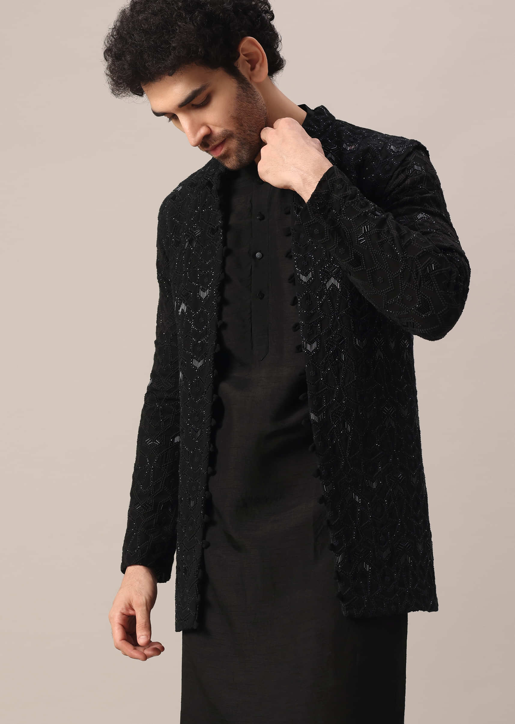 Buy Black Dola Silk Jacket And Kurta Set With Embroidered Work