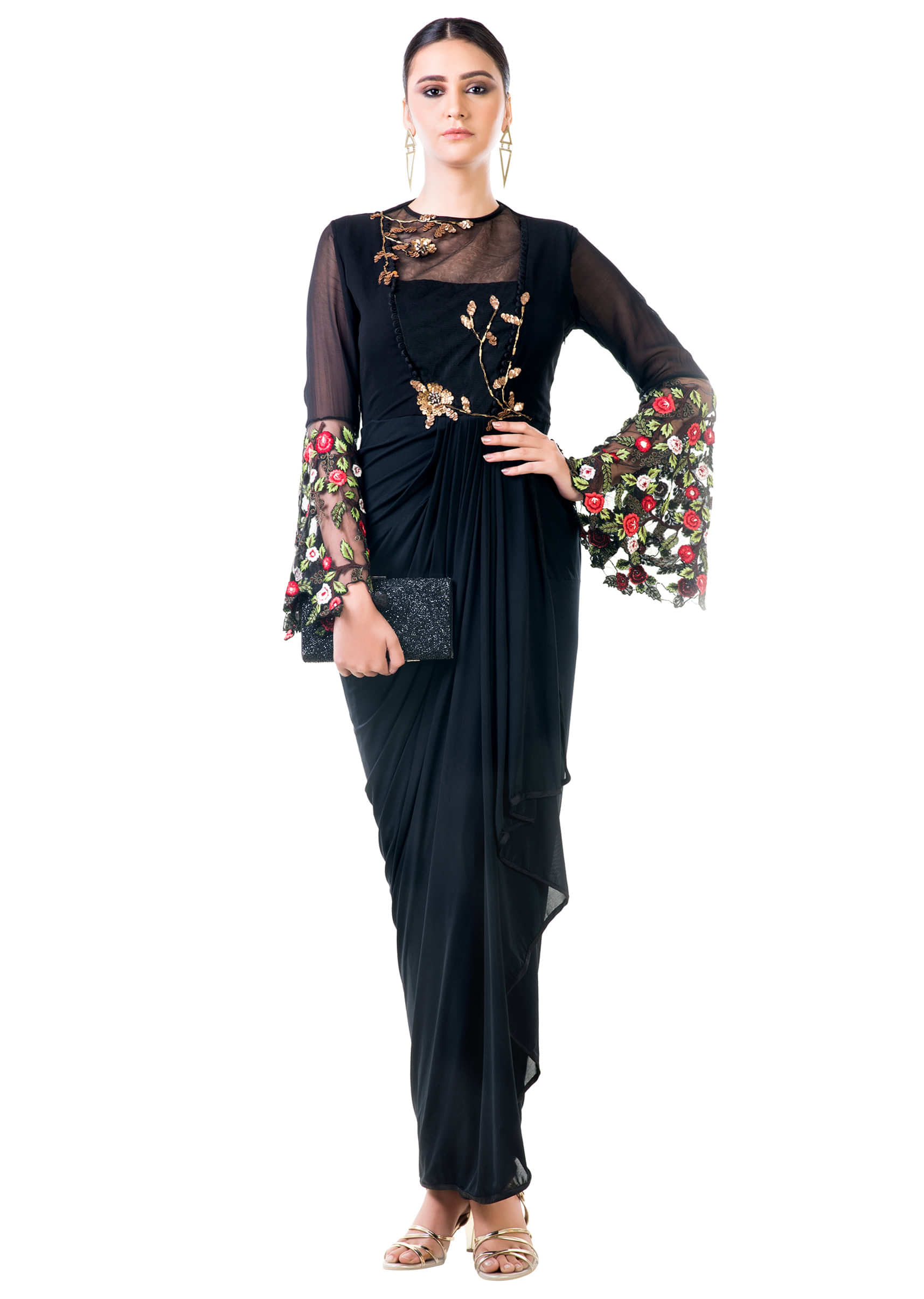 Black Embroidered Bell Sleeves Draped Dress 