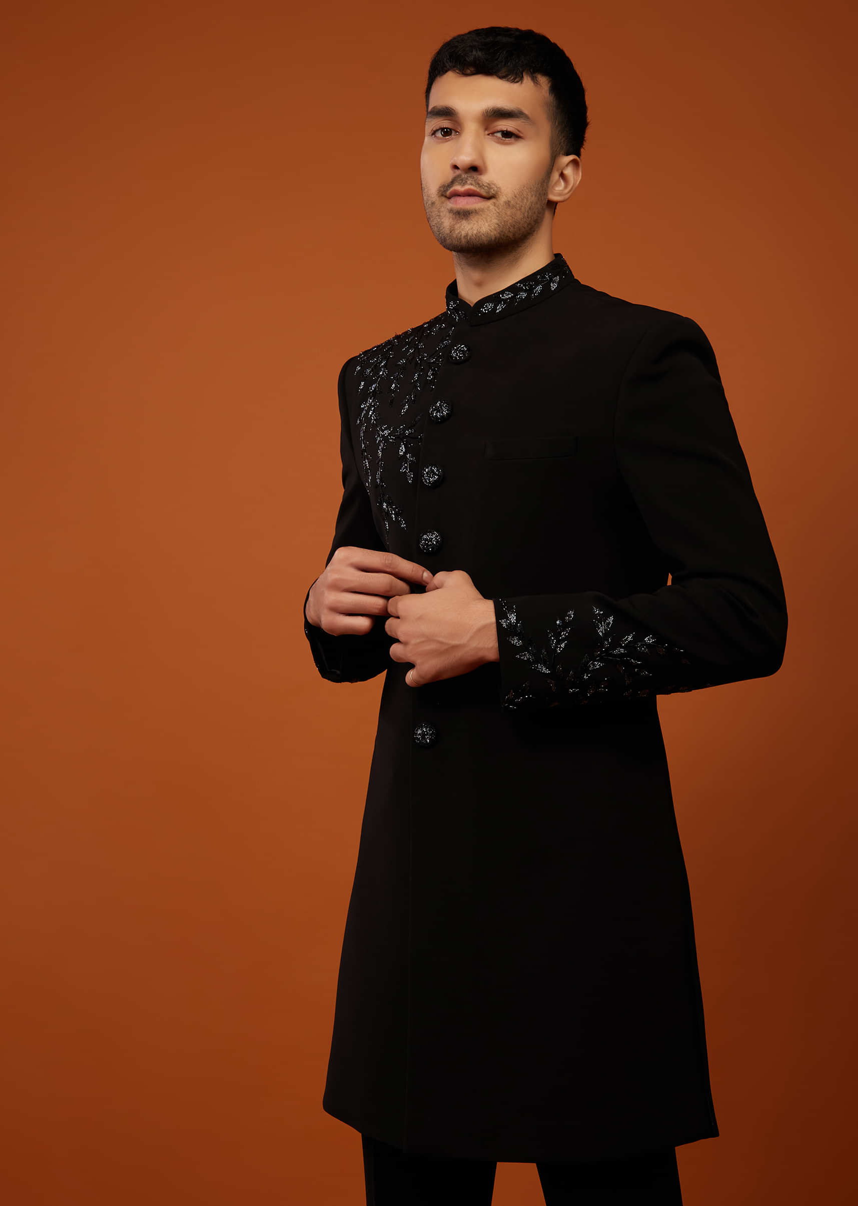 Black Embroidered Indo-Western Sherwani Set In Imported Suiting Fabric