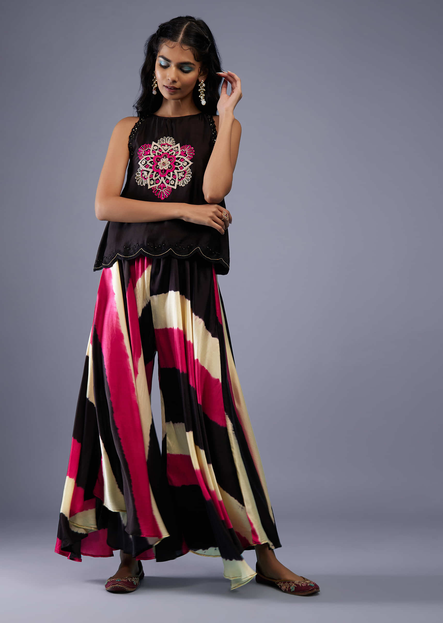 Buy Black Embroidered Scallop Top With Multicoloured Flared Palazzo In Silk  KALKI Fashion India