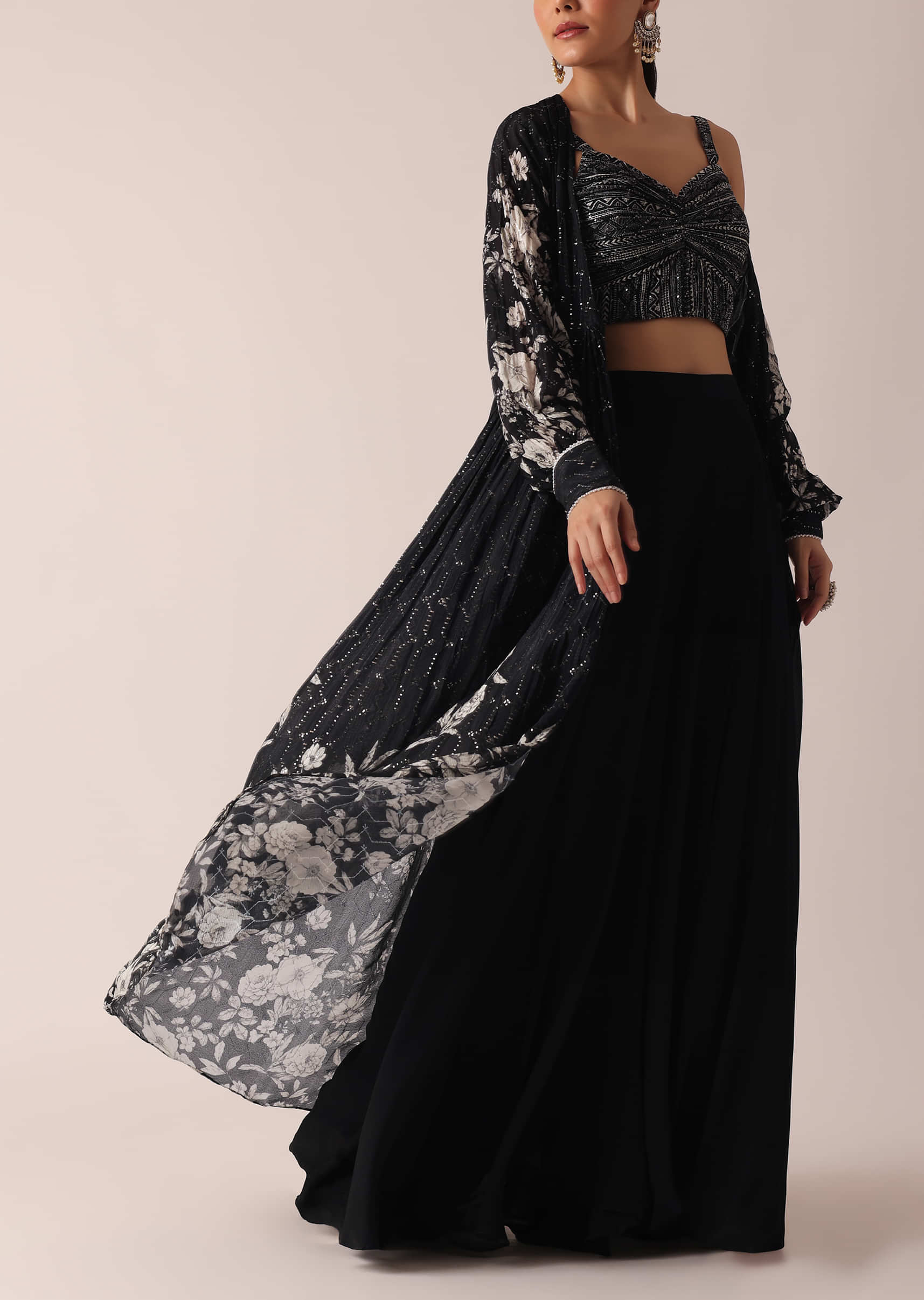 Black floral kalamkari crop top with skirt - set of two by Athira Designs