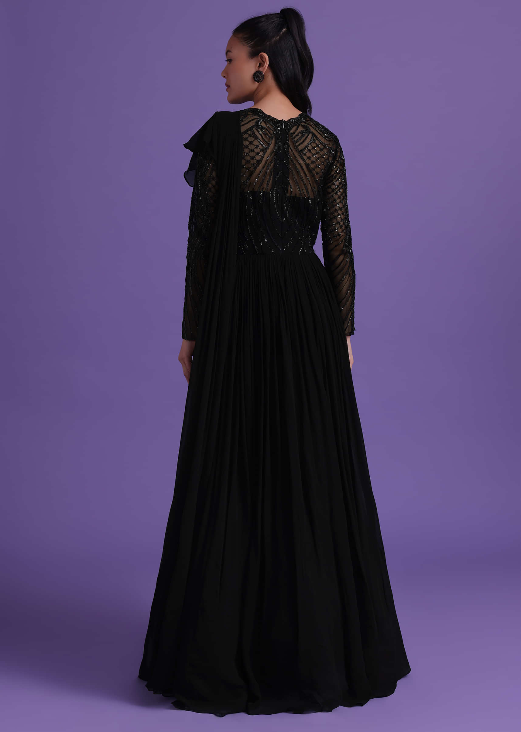 Buy Black Georgette Gown With Attached Drape Adorned With Cut Dana Work