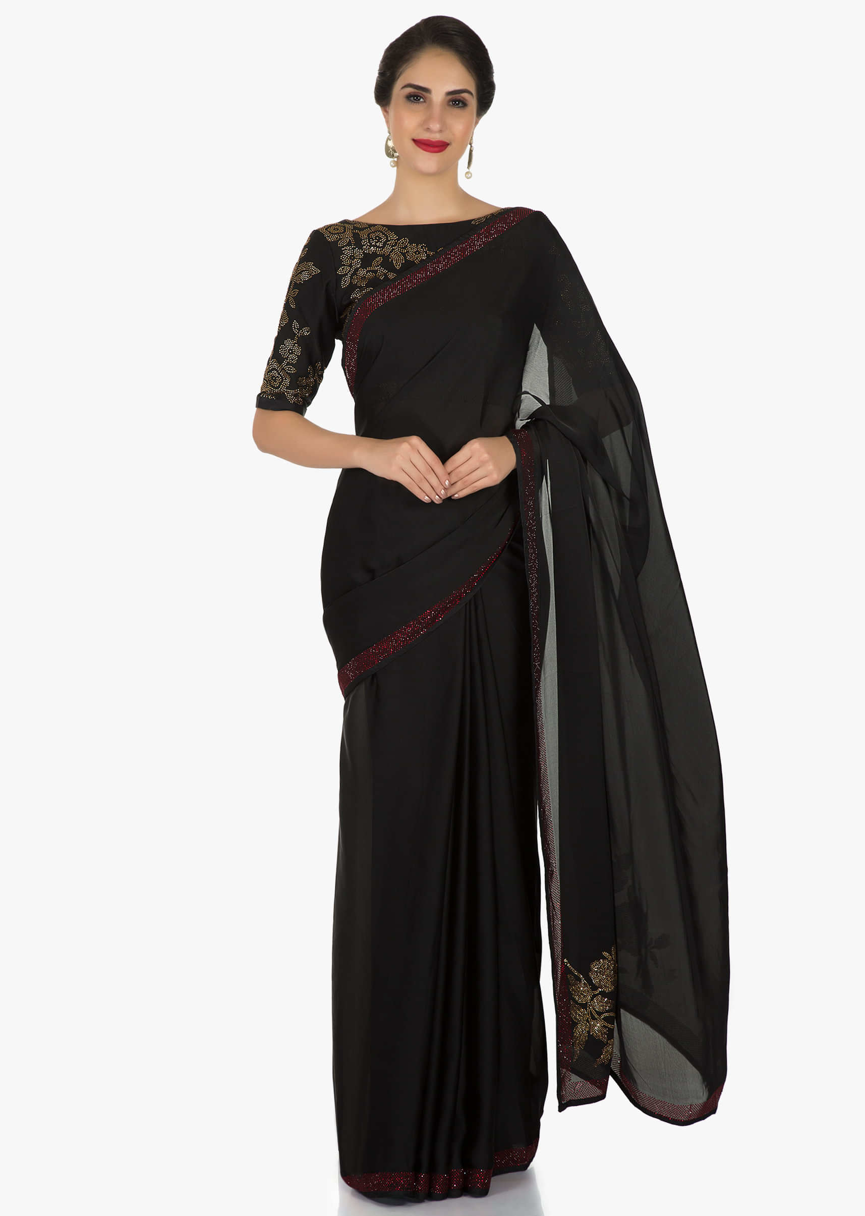 Black georgette saree adorn in kundan embroidery work only on Kalki