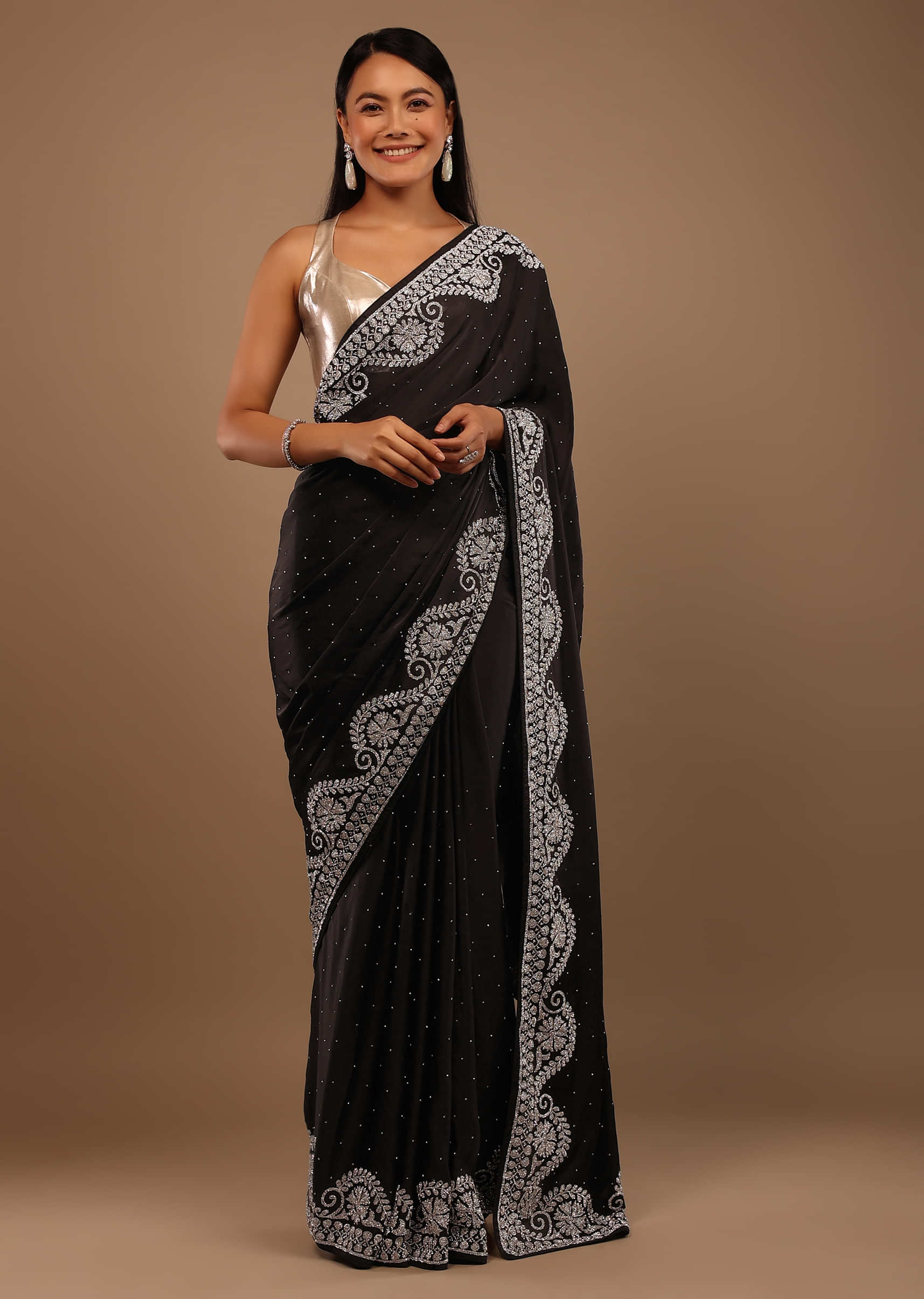 Black Georgette Saree With An Unstitched Blouse ANd Beautified Using Swarovski Stonework On The Border 